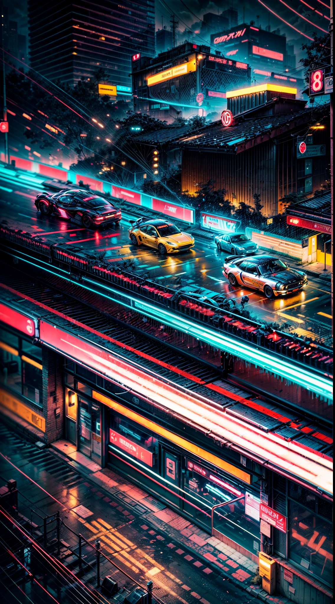 (best quality,8k,highres,masterpiece:1.2),ultra-detailed,cyberpunk,street at night,fractal,neon lights,detailed car,mysterious aura,glowing effects,gritty atmosphere,urban chaos,technological advancement,seamless integration of nature and technology,unpredictable colors,sharp reflections,moody lighting,energetic vibes,adventurous spirit,fast-paced movement,high-tech gadgets,shadows and highlights,darkened corners,stylish street fashion,blurred motion trails,vibrant city life,cutting-edge architecture,vividly futuristic,nighttime allure,streaming neon signs,Futurism influence,edgy aesthetics,stylishly exotic,stylized details,brush strokes with precision,powerful perspective,chromatic aberration,distorted reality,abstract elements.