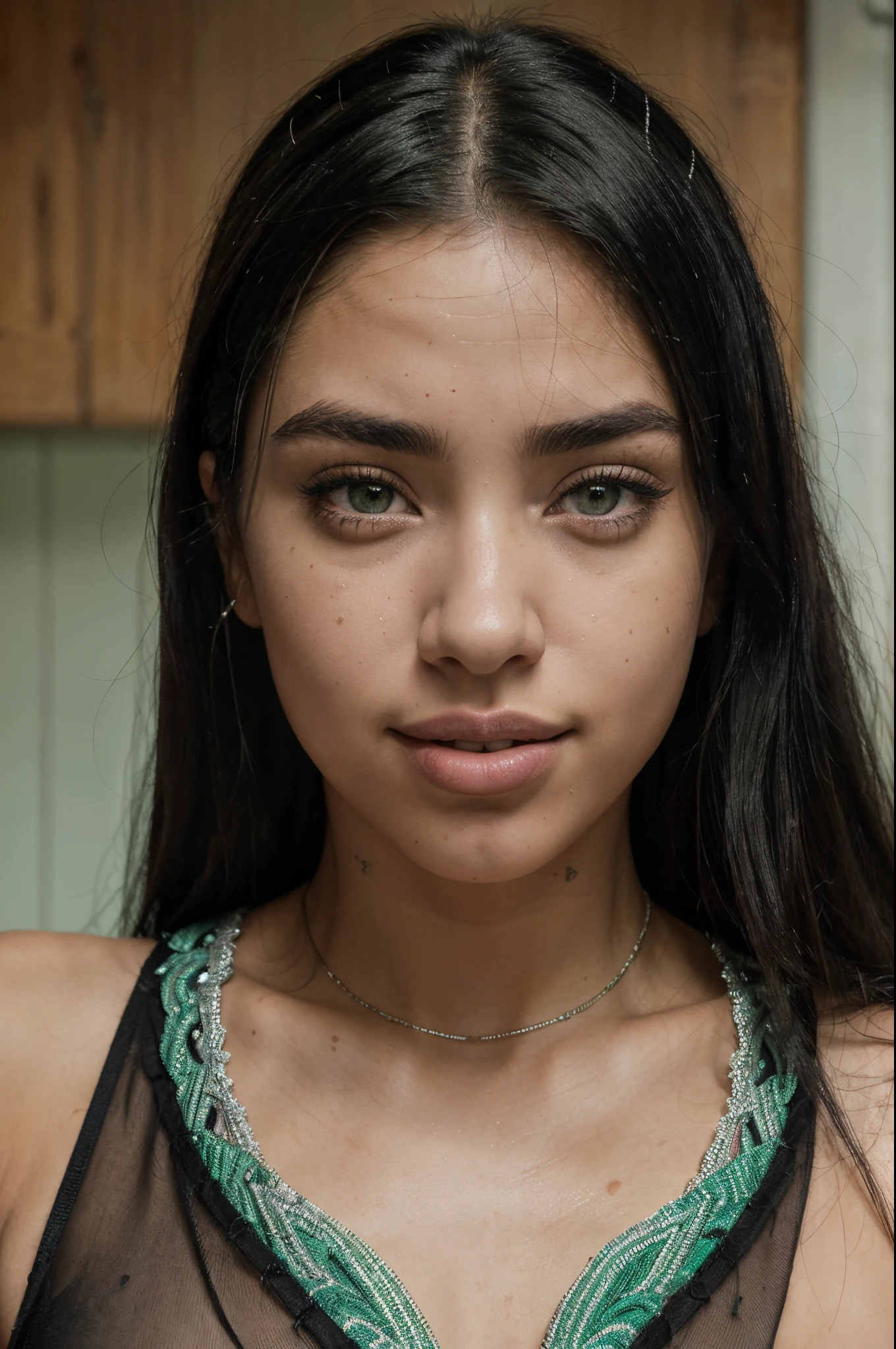 Best quality, masterpiece, ultra high res, photorealistic, raw photo, unity 8k wallpaper, beautiful woman with freckles and dark hair 22 years old, Madison Beer, Aubrey Plaza, Kali Uchis