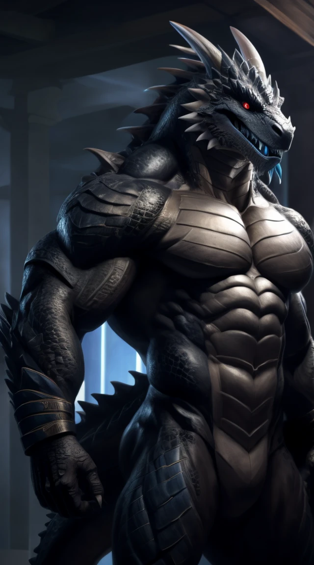 a lizardman, from cryptid academia, grinning lasciviously, grinning sinisterly, anthro lizard, inspired by Ryūsei Kishida, thertrevkaiser, muscular, black body, gray belly, scales on body, claws, red eyes, blue tongue, teeth, gray paws, fit, abs, smooth body, scales on belly, illustration, (best quality, 4k, highres, masterpiece:1.2), ultra-detailed, realistic, horror, sharp focus,