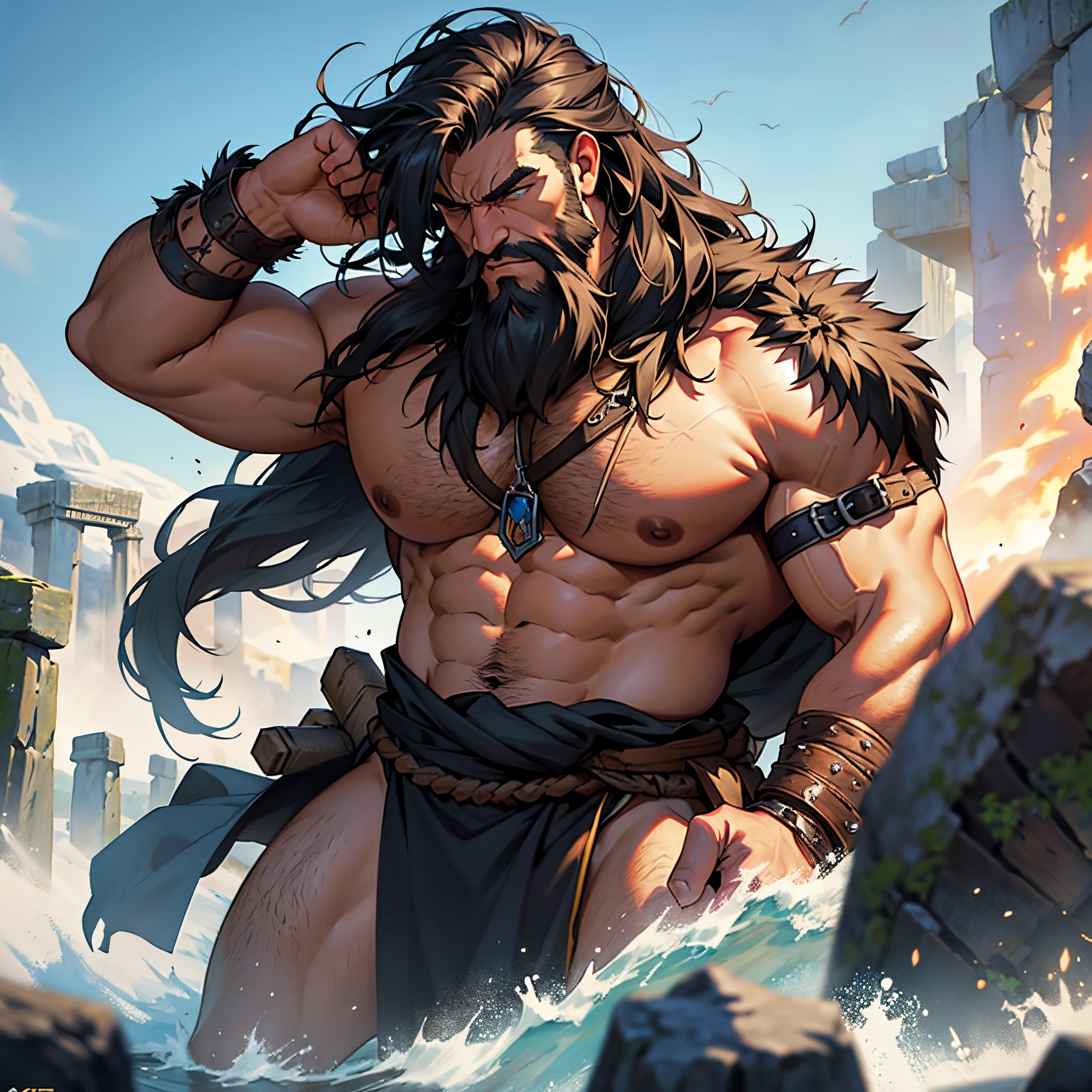 ​masterpiece, Best Quality, detailed, Cinematics, 4k, Background with: In front of Highland Stonehenge, barbarian warrior wearing bear skin(have a lot of beard and hair.), angry