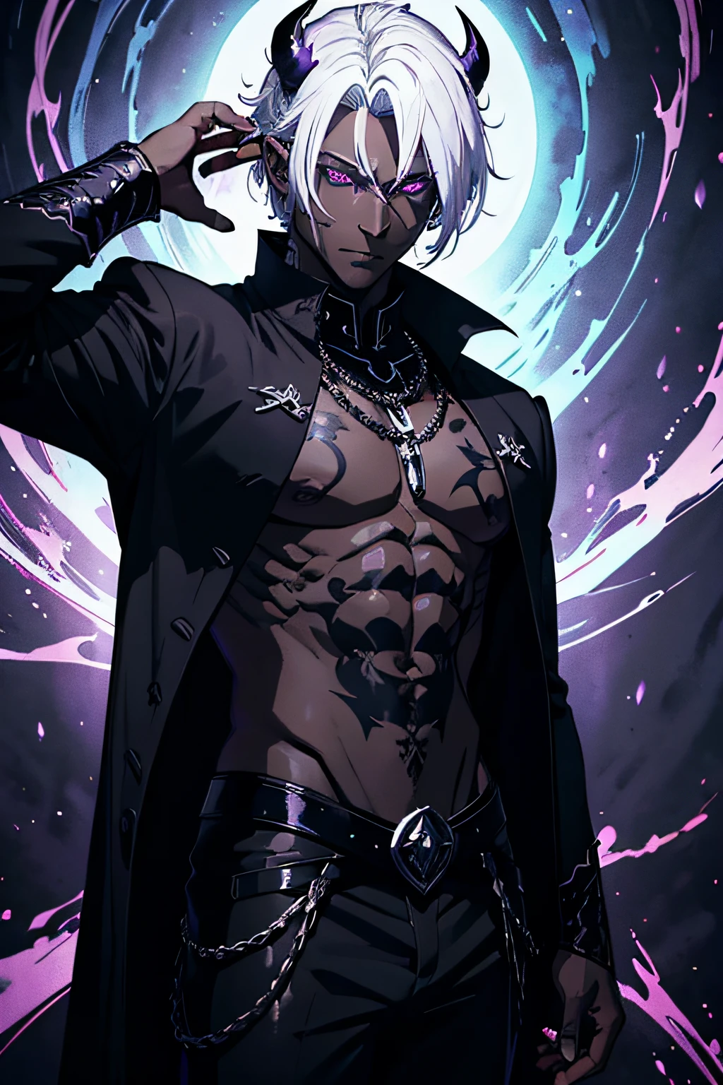 Stunningly detailed anime sketch of a solo ((muscular)) dark-skinned demon boy with white hair and purple eyes. He exudes maturity and has striking black horns. Dressed in dark fantasy clothes, including a black capelet, he resembles a dark prince of the undead. Covered in tattoos.