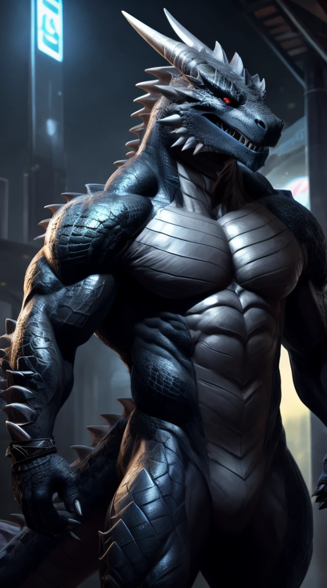 a lizardman, from cryptid academia, grinning lasciviously, grinning sinisterly, anthro lizard, inspired by Ryūsei Kishida, thertrevkaiser, muscular, black body, gray belly, scales on body, claws, red eyes, blue tongue, teeth, gray paws, fit, abs, smooth body, scales on belly, illustration, (best quality, 4k, highres, masterpiece:1.2), ultra-detailed, realistic, horror, sharp focus,