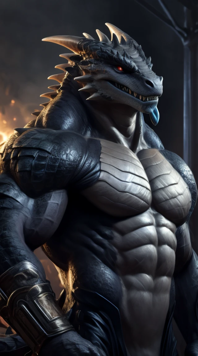 a lizardman, from cryptid academia, grinning lasciviously, grinning sinisterly, anthro lizard, inspired by Ryūsei Kishida, thertrevkaiser, muscular, black body, gray belly, scales on body, claws, red eyes, blue tongue, teeth, gray paws, fit, abs, smooth body, scales on belly, illustration, (best quality, 4k, highres, masterpiece:1.2), ultra-detailed, realistic, horror, sharp focus,