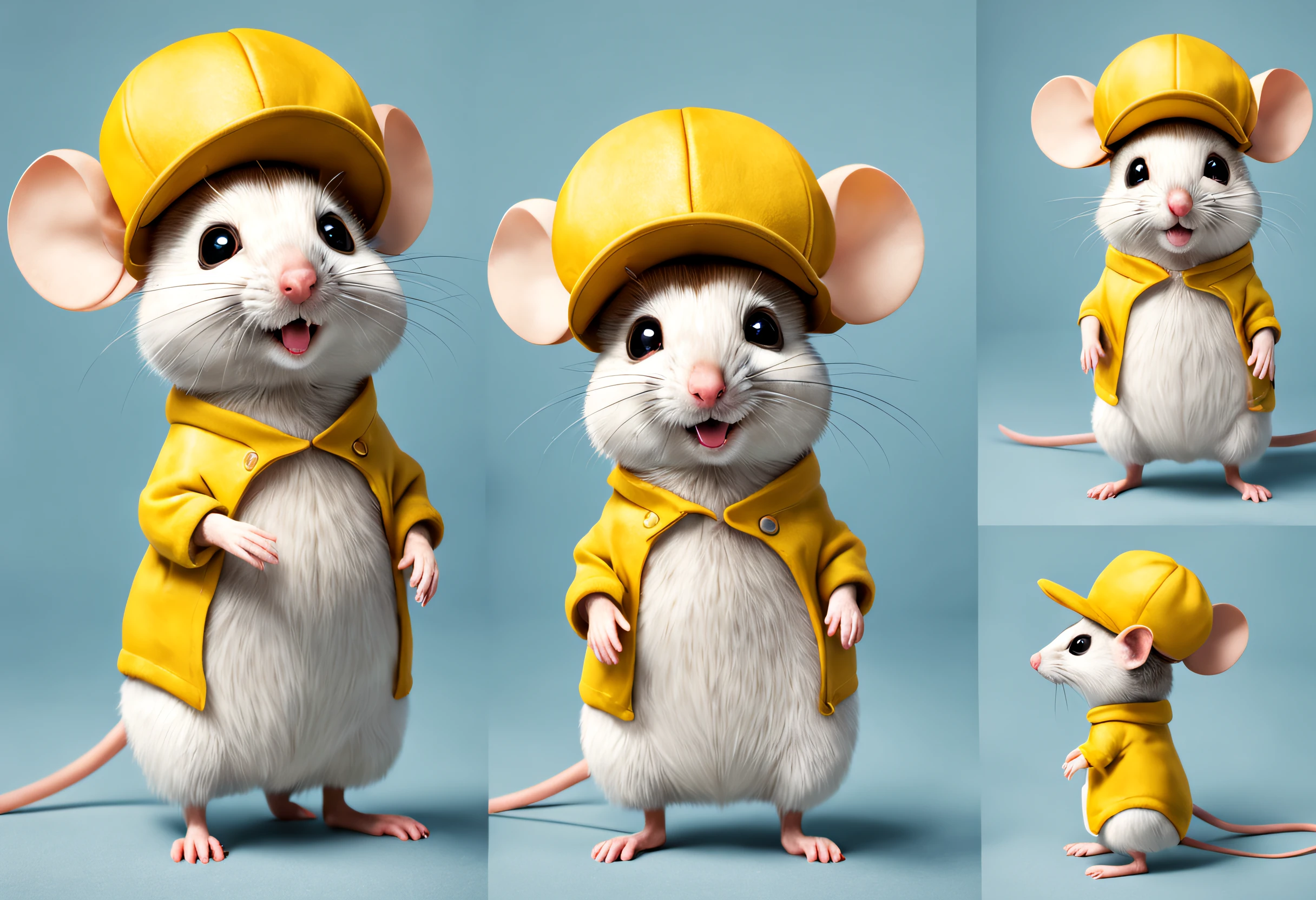 A yellow cute mouse wearing a hat, Full-body photo of standing, Front view, Left view, posterior view