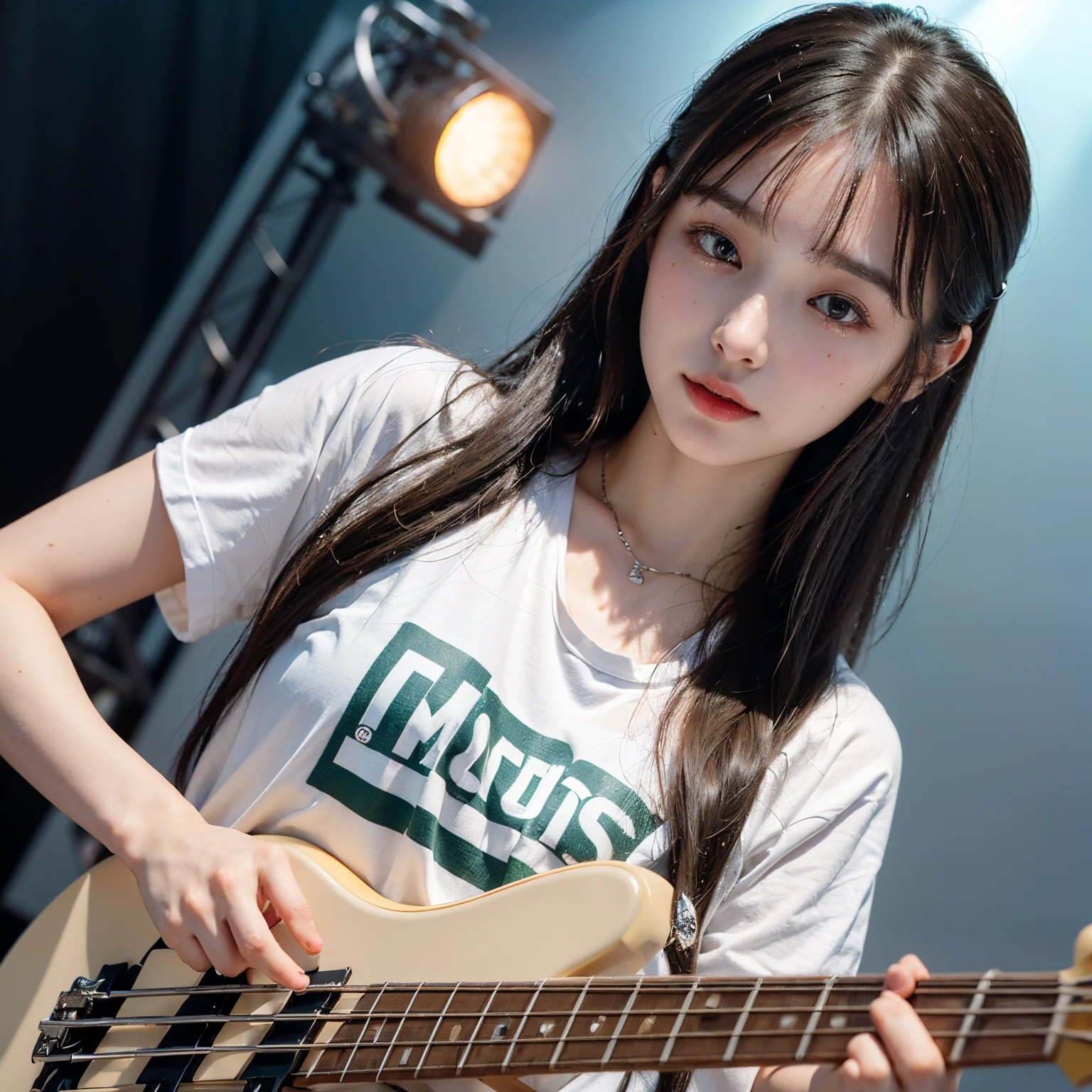 ((top-quality))、(​masterpiece:1.4)、Raw photography、8K、((Top image quality))、 ((Top resolution))、Beautiful face in every detail、Realistic human skin、Gentle expression、Farbe々From an angle、realisitic、Photorealsitic、(((length hair)))、(((Woman Too Beautiful)))、((Beautie))、(Beautiful hair)、(Red cheeks)、((big eye))、22-year-old beauty、Neat and clean woman、Beautiful Japan Woman、With bangs、Neat and clean girl、(((Neat and clean beauty)))、(Beautiful woman that everyone falls in love with)、Straight hair、((Smaller face))、long neck、pale skin、Spot-free skin、((Concert T-shirt))、a necklace、((music festival:1.3)、Perfect Body Beauty、9 heads tall、(Everyone longs for)、((Beauty that no one can stain))、(bass guitar:1.3)、(On stage:1.3)、(Guitar Strap)、((young woman admires her))、Charismatic model、she has many fans、rock band、(Cute hairstyle)、