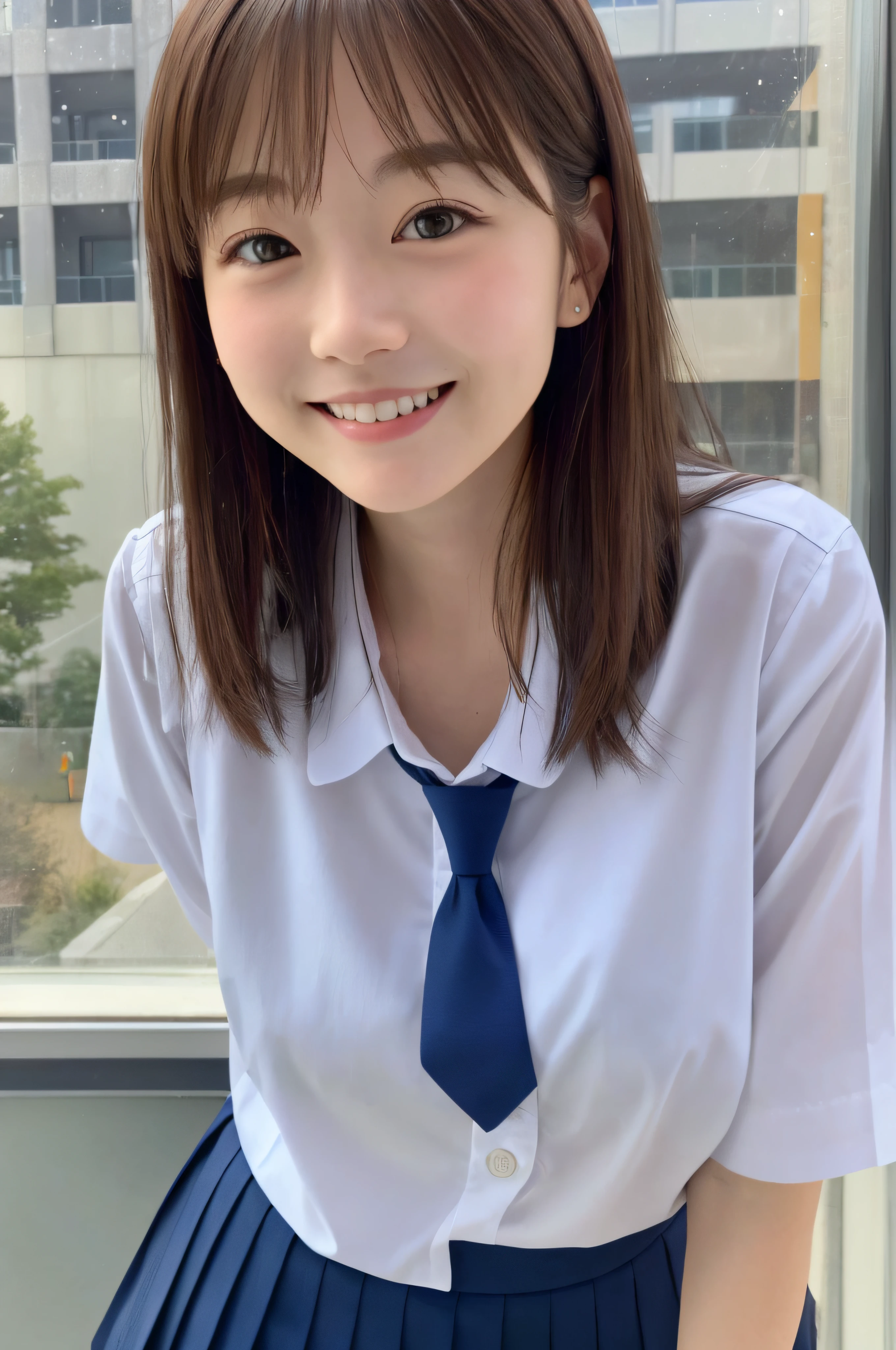 女の子1人、a matural female、cute school uniform、age19、a picture、逼真、top-quality、adopt、A detailed face、A smile:1.5、Brown hair、s Office、Building from the window、细致背景、diffuse sunlight、depth of fields、Bokeh、Face when you are with someone you like、Large, disturbing breasts:1.5、Perfect body