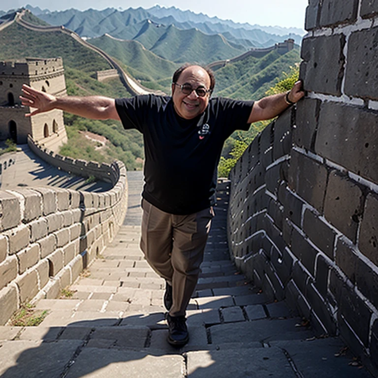 Danny DeVito climbing the Great Wall of china