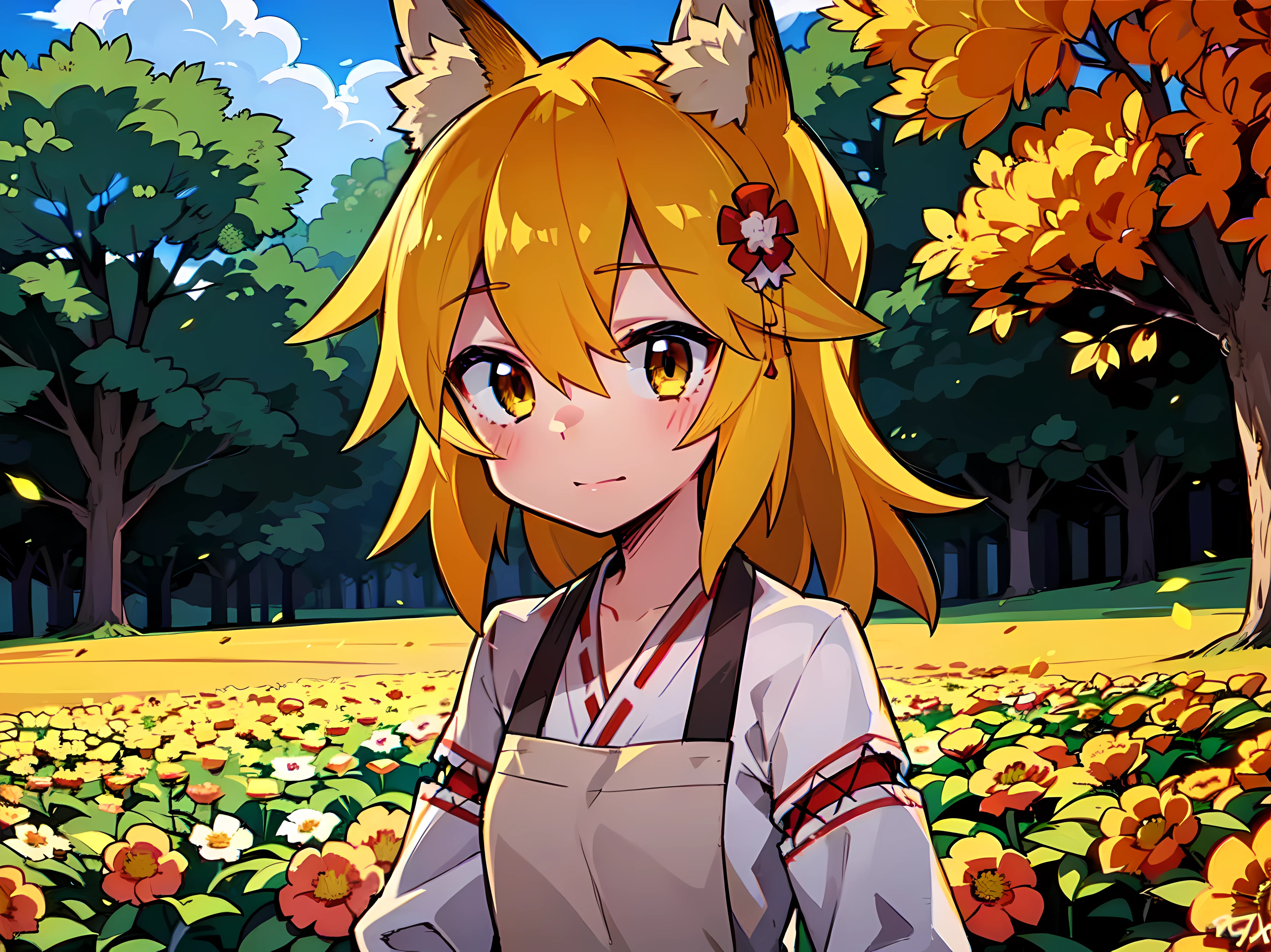 A girl, Fox ears, field, Orange flowers. Super detailed, Detailed ears, Detail Eyes, Girls 4K, Detailed flowers, beautiful clouds, detailed blocks, Beautiful trees, trees in the background, Detailed trees, Girl close-up, body