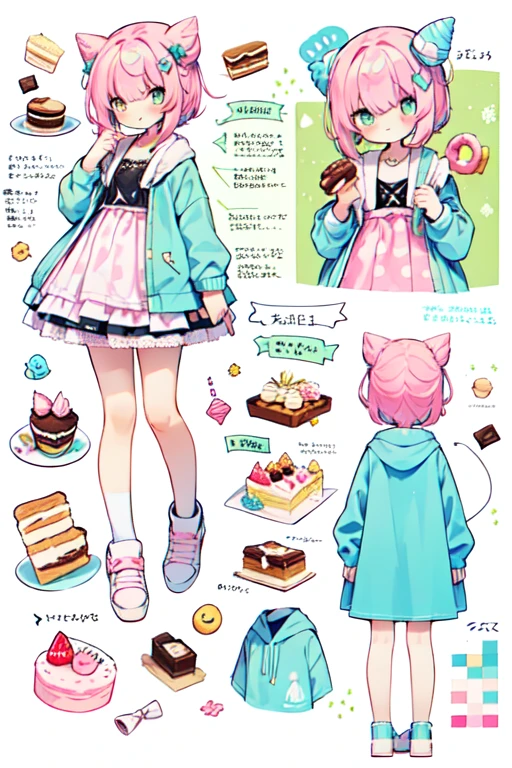 1girl in, ((Character information)、(Chara Leaf)、pastel dimmed colors, (Yellow color palette.:1.2, Blue:1.2, Pink:1.2), (Blue hair bun and blonde), Short fashionable skirt, Sitting on a throne of sweets and pastries, For example, doughnut, splash, candy, Lollipop, Lollipop cane, a cake, cupcake, Cake Pop, Ruffles and lace, polka dot,(Lush pastel dresses), petite girl, robot horse,Type sheet, Character Sheets, Three types，Shot Full Body，Game Character Design，pink hair, green color, green hoodie，