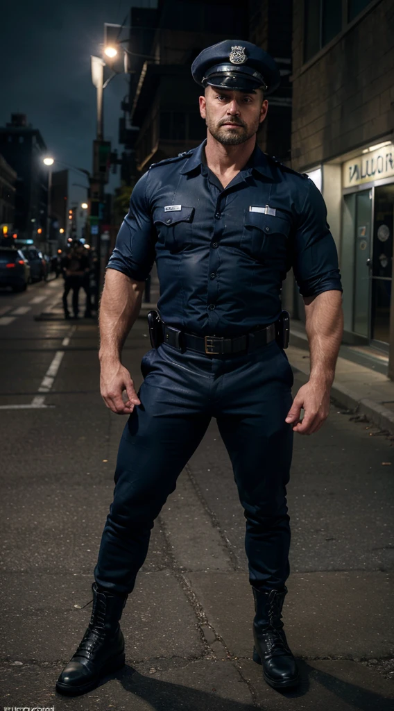 Best quality, masterpiece, ultra high res,detailed background,realistic, duo,2boys,muscular policeman, scruffy chiselled face, caucasian italian looking,sweaty,police uniform,street,muscular, hairy,very short buzz cut dark hair, big biceps and hairy muscular forearm,volumetric lighting,depth of field, sexy cop,big bulge,best quality, masterpiece, super high resolution, detailed background, realism, Illustrations, single, muscle, volumetric lighting, depth of field, full body, facial hair, full body, dark blue police uniform shirt, new York patrol police uniform with black leather police boots, v shape body, very broad shoulders, muscular chest, muscular broad hairy glistening body, looking serious and authoritative lifting his boot. Police badge on uniform, swat, police, police hat, 35 years old, big bulging crotch, sleeved dark blue new York patrol police uniform, black gloves, manly and authoritative pose, tall, body pressed tightly against another handsome policeman