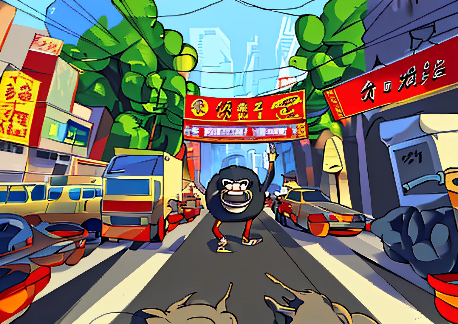 Cartoon of a man walking on the street，There is a sign in the background, 2D Game Line Art Behance HD, 2D Game Line Art Behance HD, Anime city line drawing, gta chinatown art style, [ concept-art ]!!, vajra&#39;anger in the streets, concept art for a video game, splash page, Available images, Animate