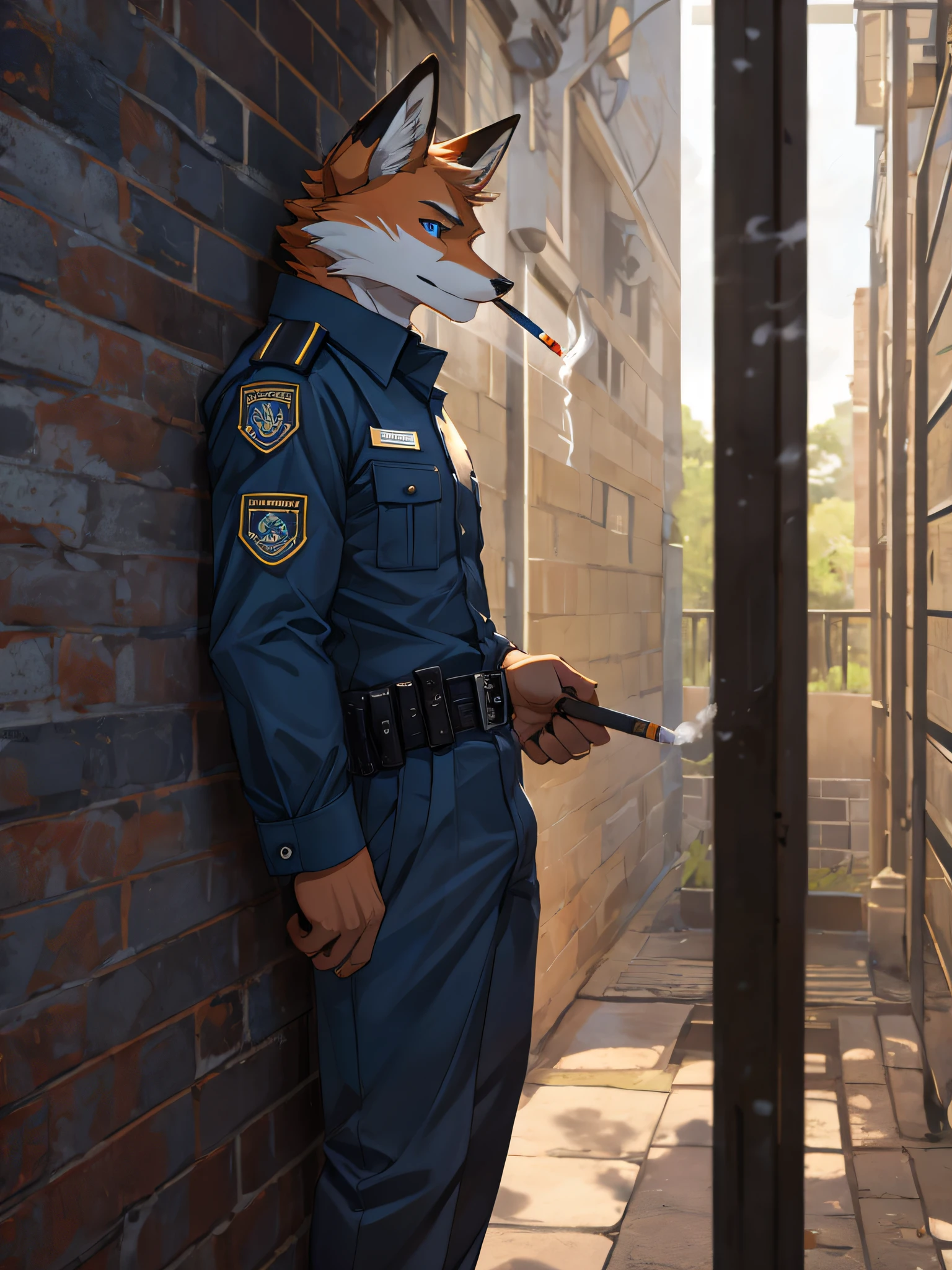 fox,bara,masculine,Blue Eyes,Wear a prison guard uniform.,smoking,Stand against the wall..,Look straight ahead.,