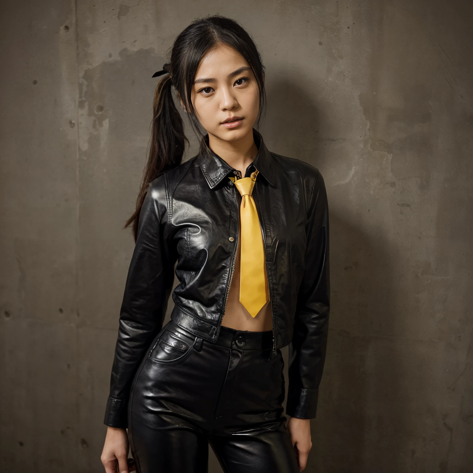 Japanese girl in black leather suit, pony tail hair, yellow tie, agent, masterpiece, best quality, black shirt, leather pants, straight hair