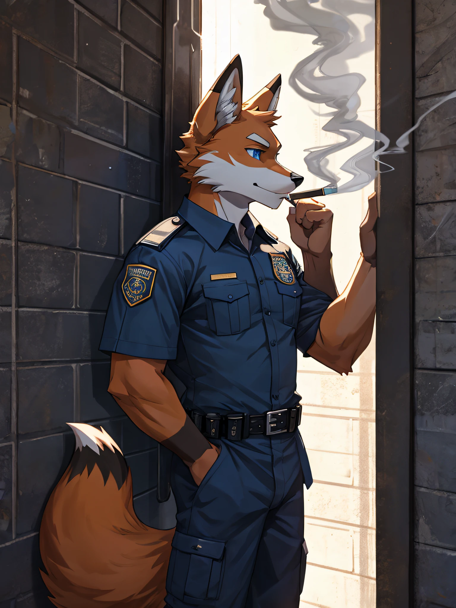 fox,bara,masculine,Blue Eyes,Wear a prison guard uniform.,smoking,Stand against the wall..,Look straight ahead.,