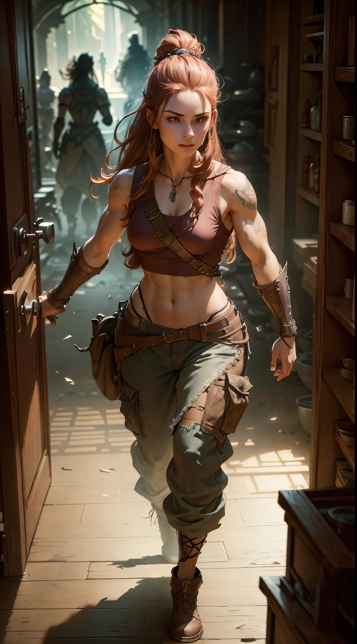 A fit female wearing a sleeveless tunic loose pants, long maroon hair, side burns, concept art, full body portrait, high definition, fantasy, loose clothing, 16k resolution concept art portrait by Greg Rutkowski, dynamic lighting hyperdetailed intricately detailed, volumetric lighting, medieval clothing, rough skin, rough clothing, dirty, tattoos, slender body, mid 20's