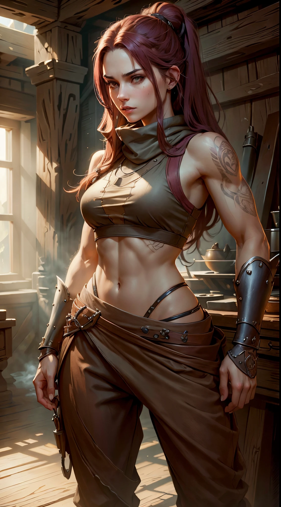 A fit female wearing a sleeveless tunic loose pants, long maroon hair, side burns, concept art, full body portrait, high definition, fantasy, loose clothing, 16k resolution concept art portrait by Greg Rutkowski, dynamic lighting hyperdetailed intricately detailed, volumetric lighting, medieval clothing, rough skin, rough clothing, dirty, tattoos, slender body, mid 20's