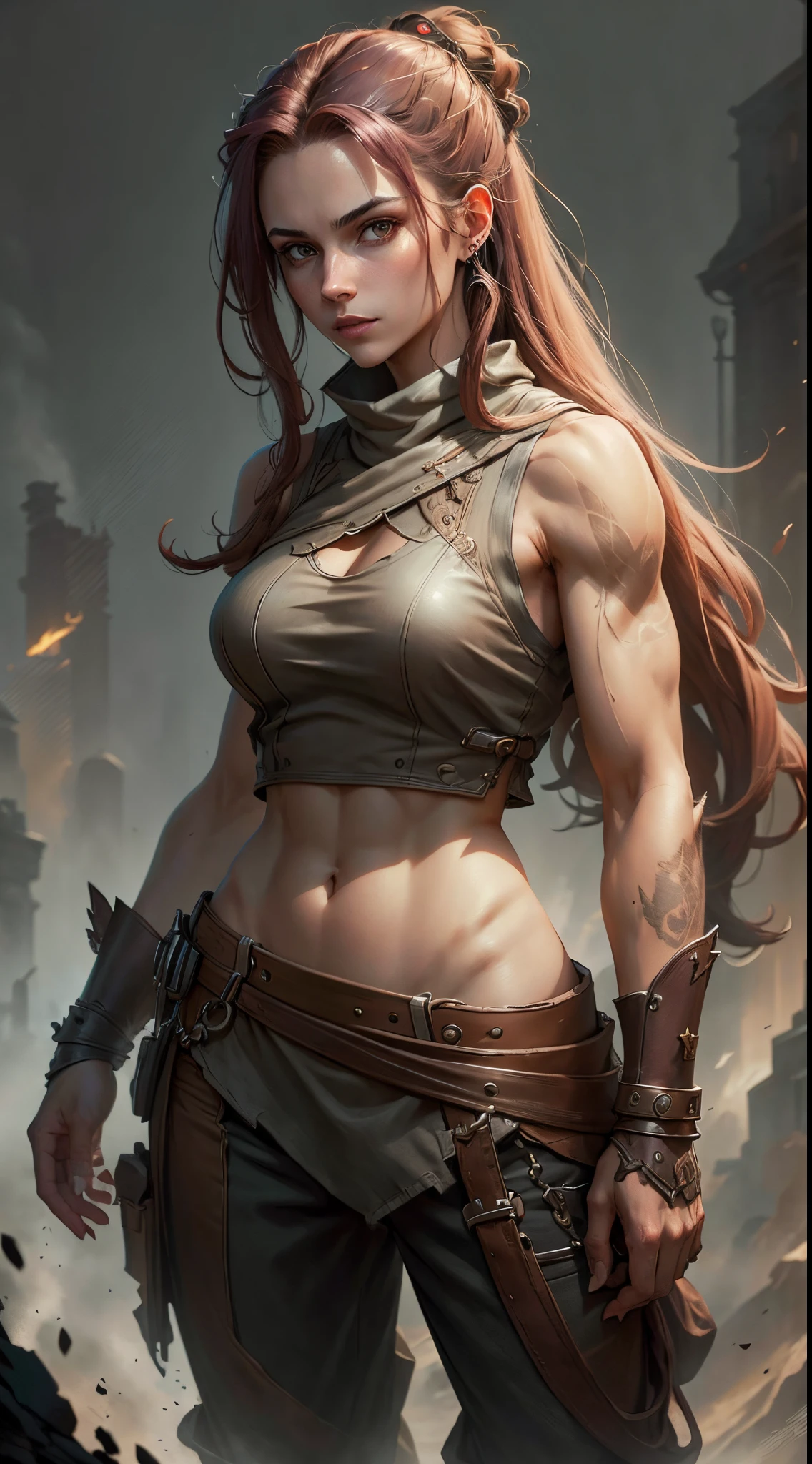 A fit female wearing a sleeveless tunic loose pants, long maroon hair, side burns, concept art, full body portrait, high definition, fantasy, loose clothing, 16k resolution concept art portrait by Greg Rutkowski, dynamic lighting hyperdetailed intricately detailed, volumetric lighting, medieval clothing, rough skin, rough clothing, dirty, tattoos, slender body, mid 20's