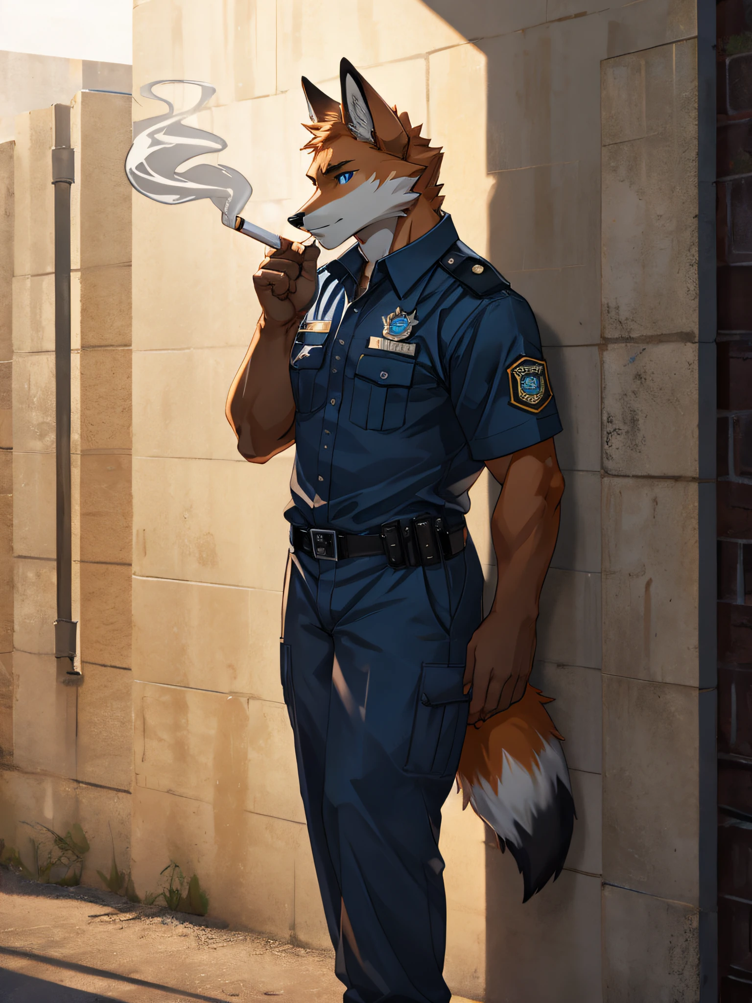 fox,bara,masculine,Blue Eyes,Wear a prison guard uniform.,smoking,Stand against the wall..,Look straight ahead.,