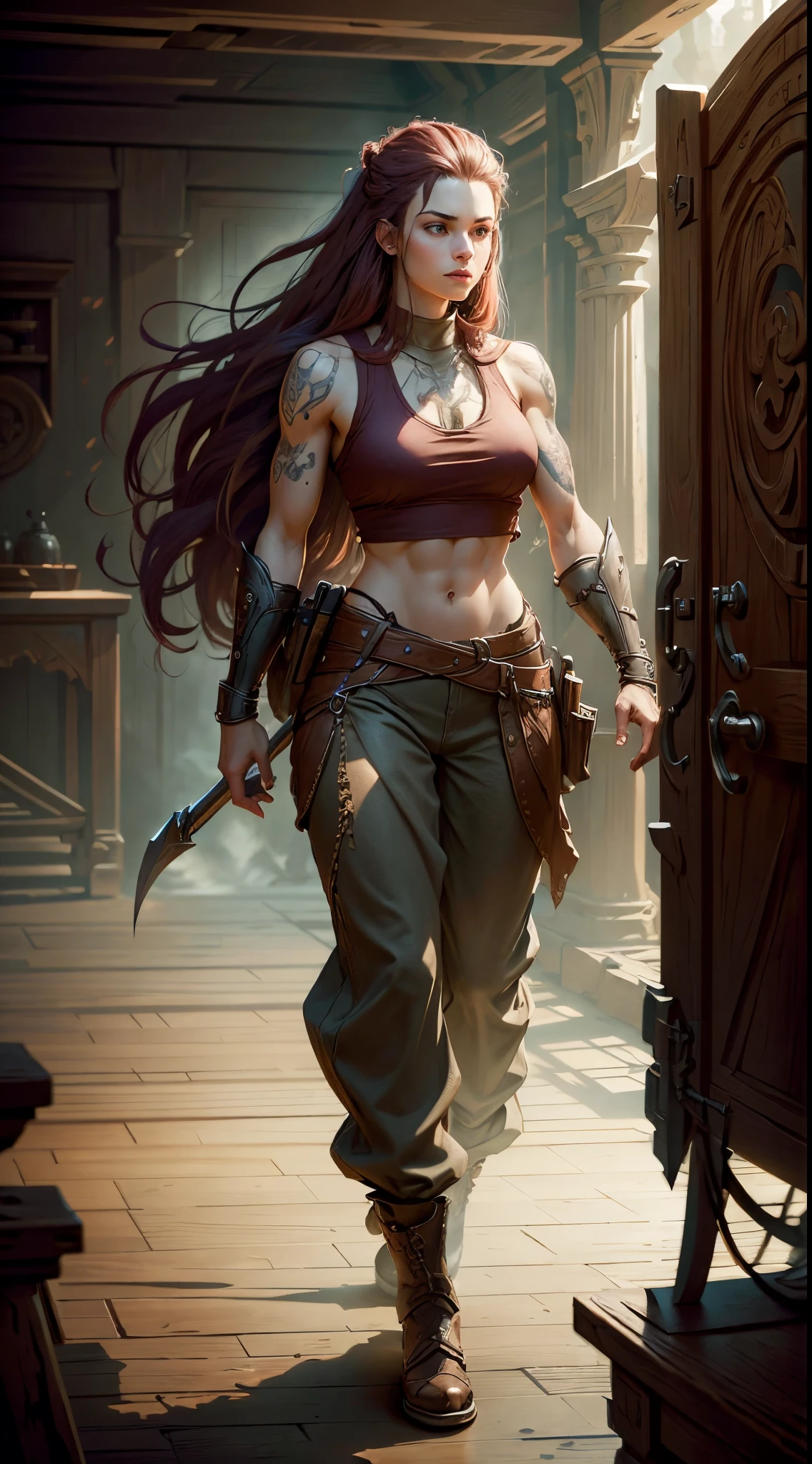 A fit female wearing a sleeveless tunic loose pants, long maroon hair, side burns, concept art, full body portrait, high definition, fantasy, loose clothing, 16k resolution concept art portrait by Greg Rutkowski, dynamic lighting hyperdetailed intricately detailed, volumetric lighting, medieval clothing, rough skin, rough clothing, dirty, tattoos, slender body, mid 20's