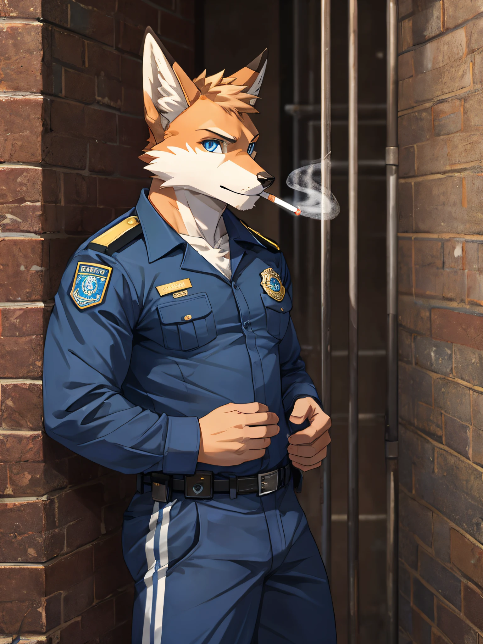 fox,bara,masculine,Blue Eyes,Wear a prison guard uniform.,smoking,Stand against the wall..,Look straight ahead.,