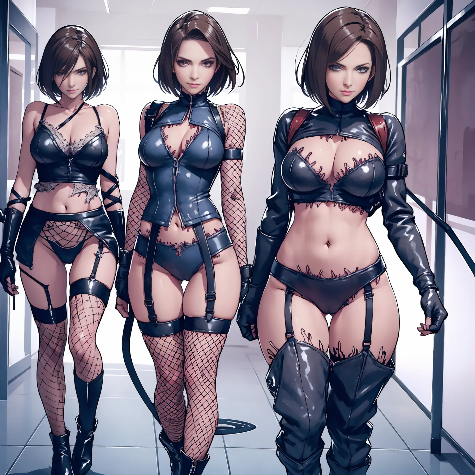 nsfw, ((solo jill valentine, solo focus, solo girl,1girl))++,resident evil, jill valentine, sasha_zotova, monster girl, infected, infected body, infected veins, infection, fusion, zombie girl, nemesis (resident evil), nightmare waifu, G virus, virus, infection, symbiote, assimilation, monster girl, alternate form, corrupted, corruption, evil, dark_persona, parasite, parasite on body, parasitic tentacle, tentacle, tentacles, body invasion, veiny breasts,possession, evil grin, evil smile, red eyes, mature_female, hourglass figure 1girls, belly button piercing, brown hair, dual wielding, tactical nudity, tactical_gear, bondage gear, bondage harness, corset, bondage outfit, fishnet legwear, fishnet pantyhose, fishnet stockings, fishnets, fit female, g-string, navel piercing, , panties, pierced belly button, pierced navel, body invasion, pistol, short hair, thick, thick ass, thick thighs, thighhighs, thong, thong panties, thong underwear, underwear, older_female, garter belt, full body, harness, holster, holding gun, looking at viewer by Daniel Leister, by dmitrys, Full HD, 4K.