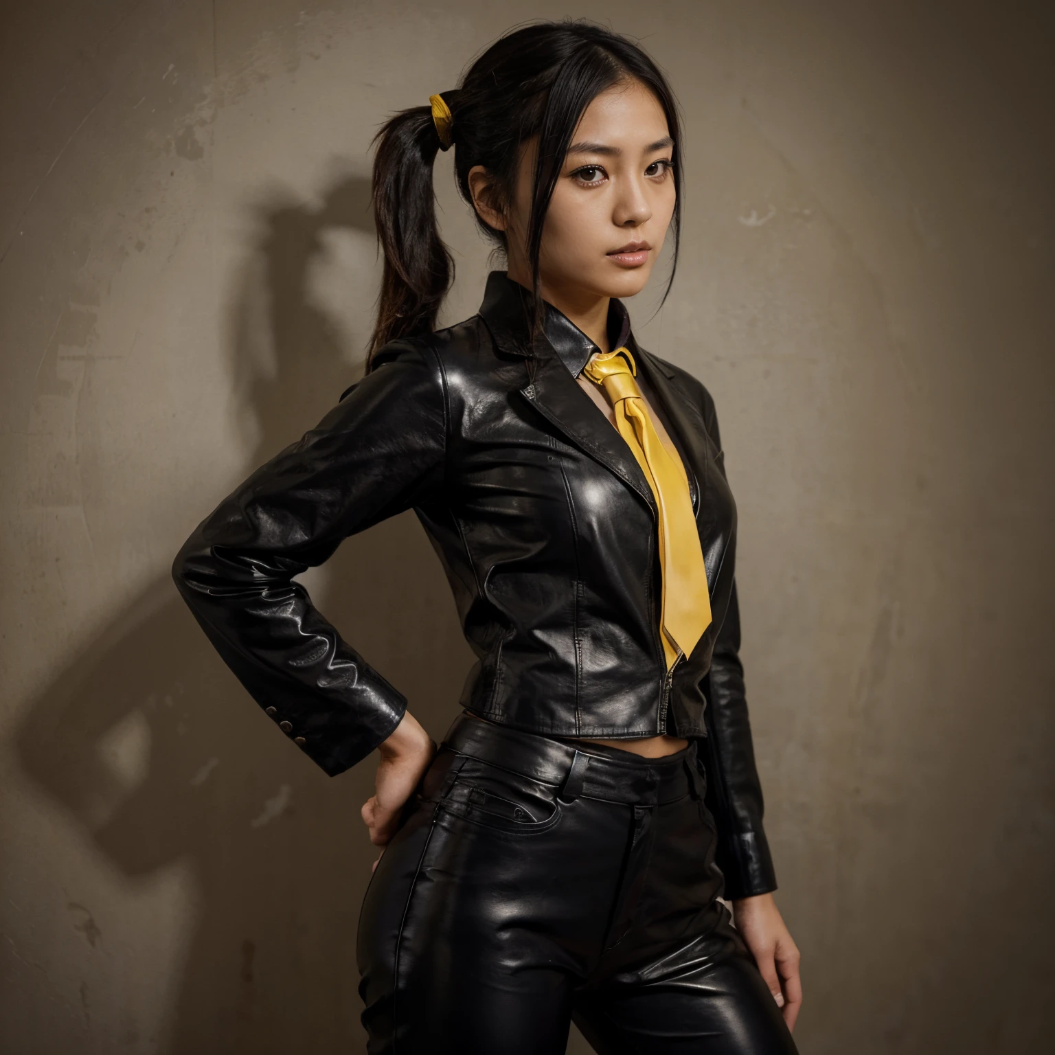 Japanese girl in black leather suit, pony tail hair, yellow tie, agent, masterpiece, best quality, black shirt, leather pants