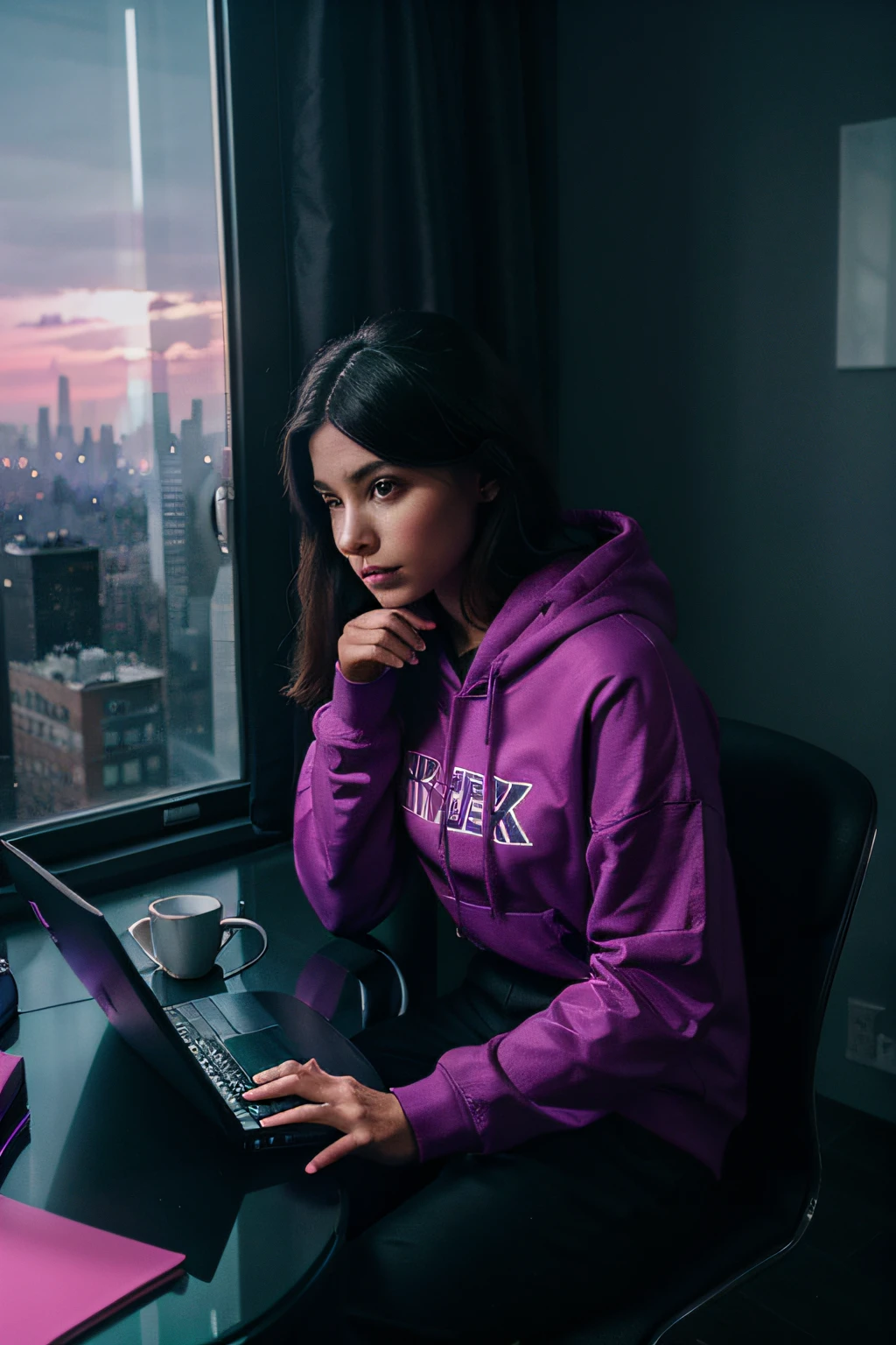 girl in dark magenta hoodie and black joggers working on computer, multi-screen, 4 monitor, Postmodern, Inside the apartment, Look through the glass window, futuristic city, , Strategist look, laptop, Cinematic, Ultra photo realism, highly detailed (tmasterpiece), girl is sitting inside the room has lot of montior, large glass windows sky scraper, new york city visible in background in the room. purple neon background