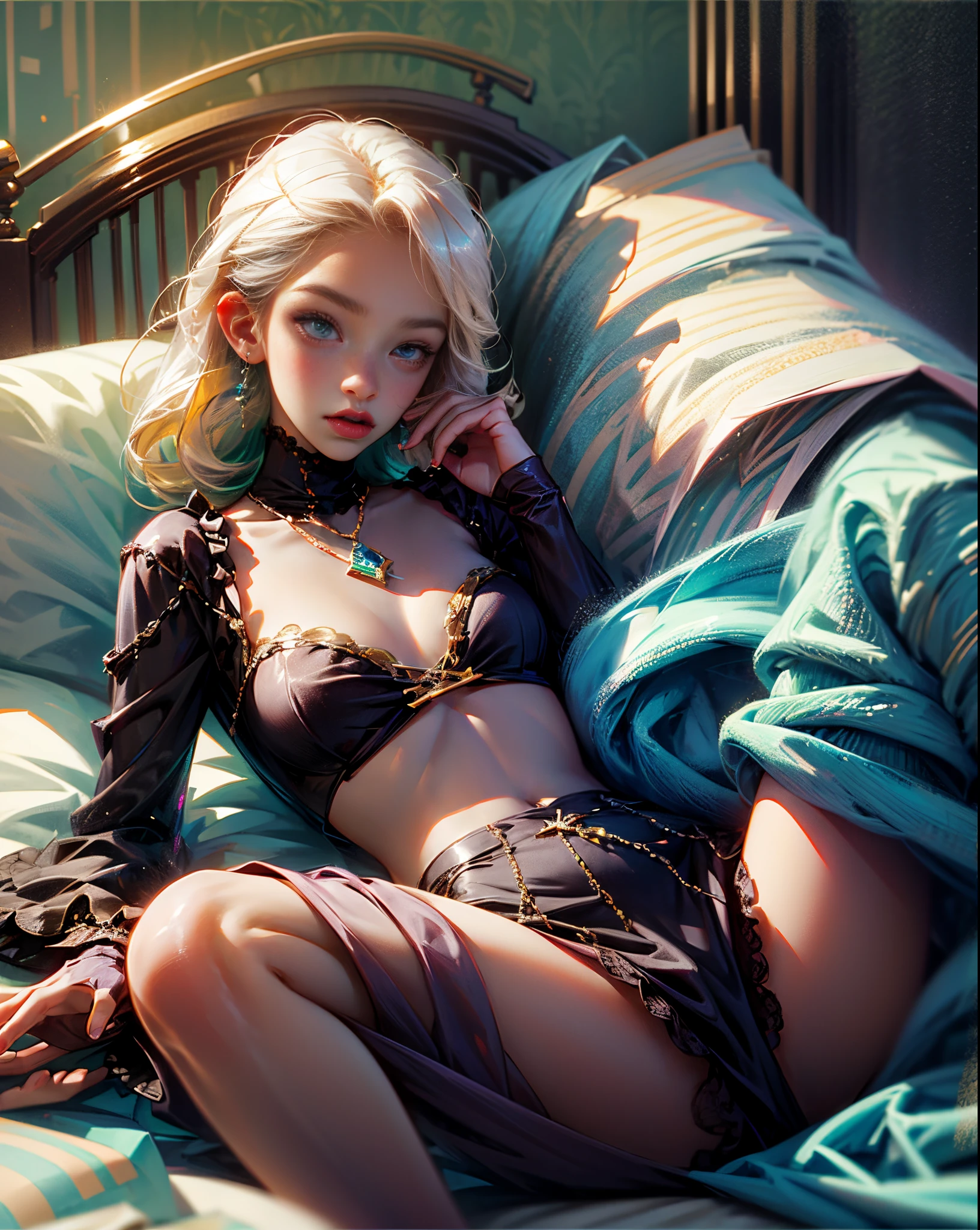 slim femboy, dark skin, blonde hair, full body, see-through clothes, lying on bed with legs open, manga style, wearing frilly lingerie --auto --s2