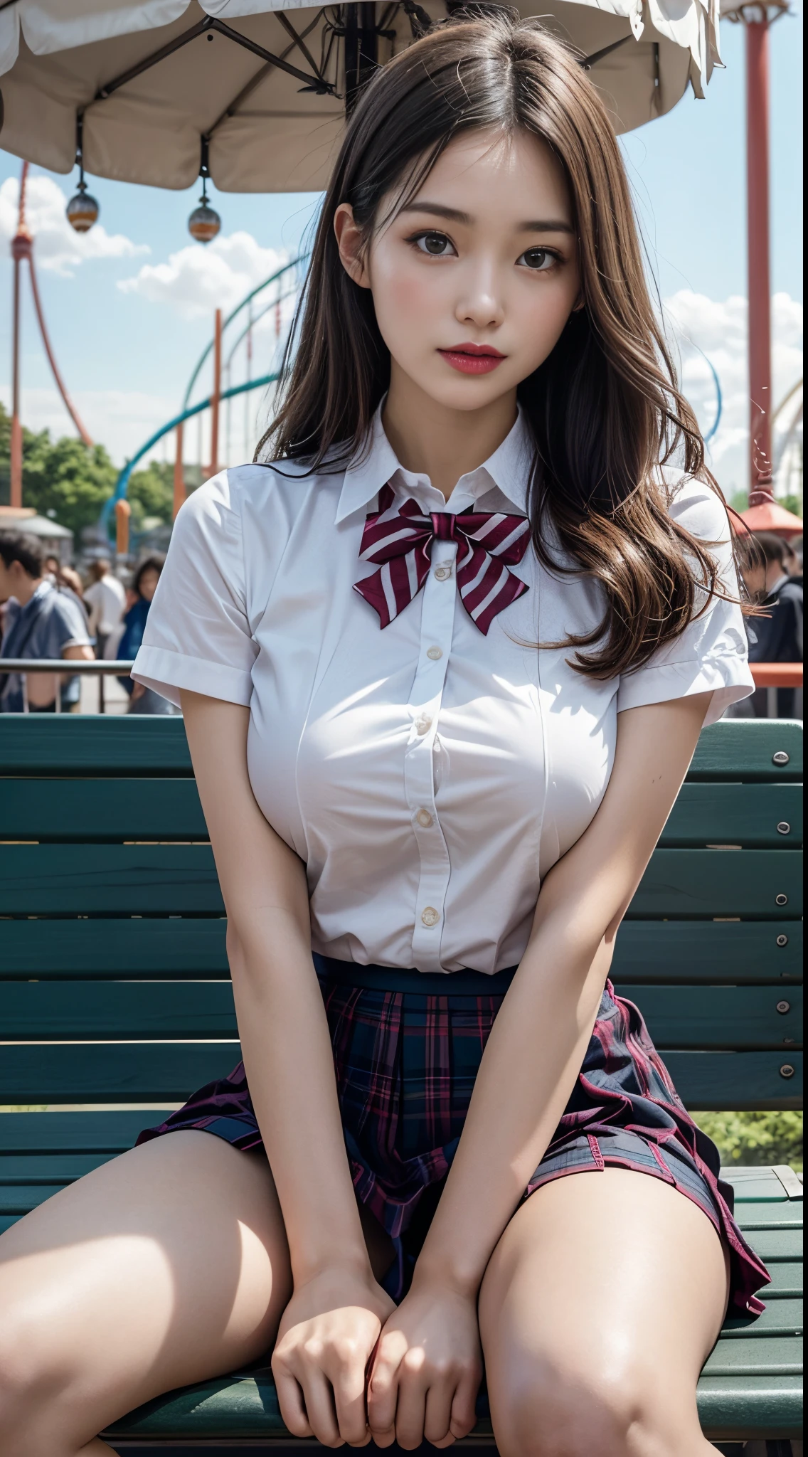 1Girl, beautiful, Amazing face and eyes, (highly detailed beautiful face), (The sexiest look), (beautiful big breasts:1.2), (school uniformss, pleated mini skirt:1.2), (Best Quality:1.4), (Ultra-detailed), (Highly Detailed CG Unified 8k Wallpaper), highly detaild, Raw-Photo, professional photograph, (crowded amusement park:1.3), bench, (Roller Coaster, Ferris wheel), Sitting, (Spread your legs wide apart), Scenery like a scene from a movie,