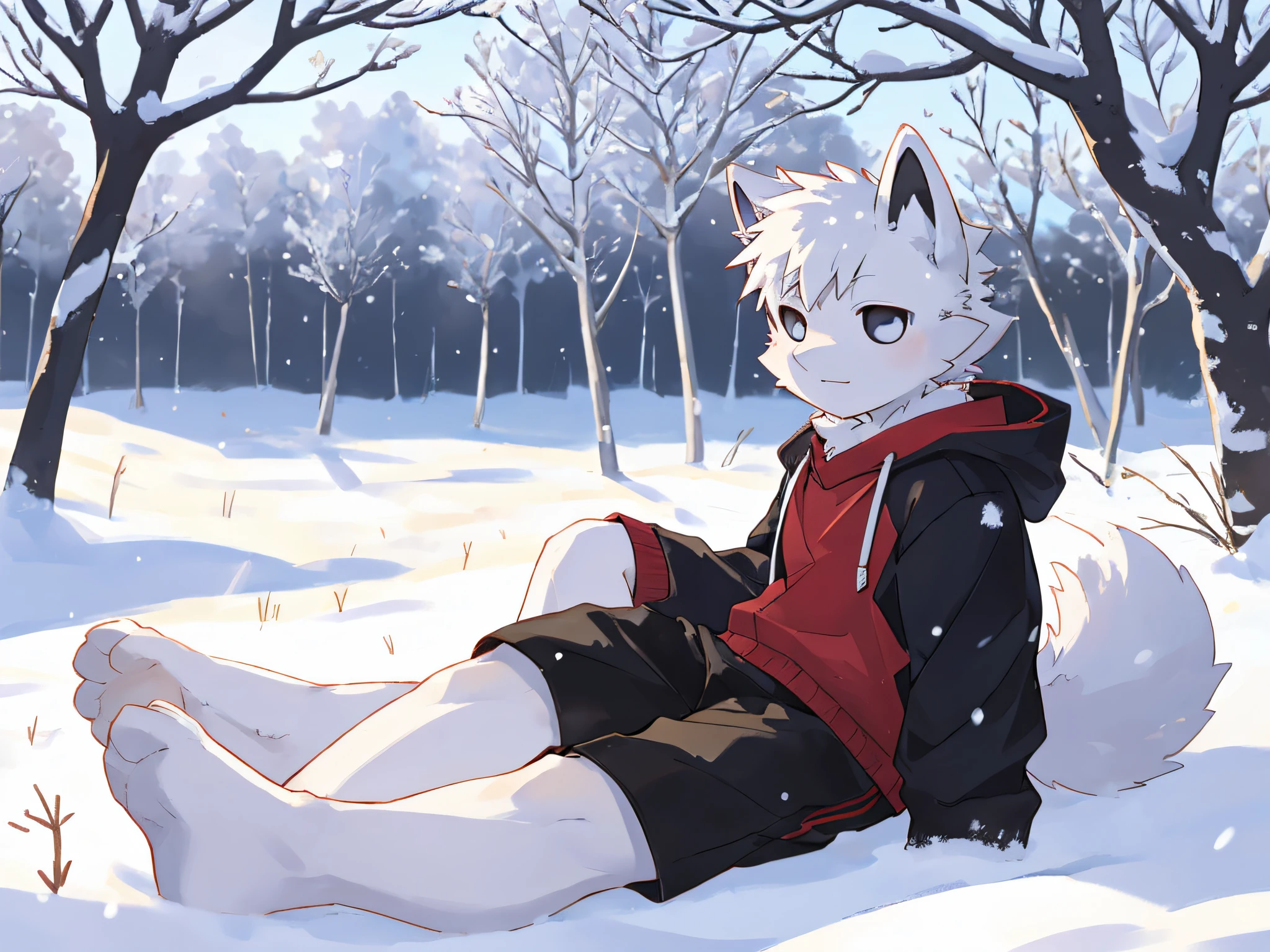 white fur wolf,bara,masculine,Black eyes,Wear a black sweater,black shorts,Try on red fashion shoes.,Shota,Sitting under a tree playing in the snow