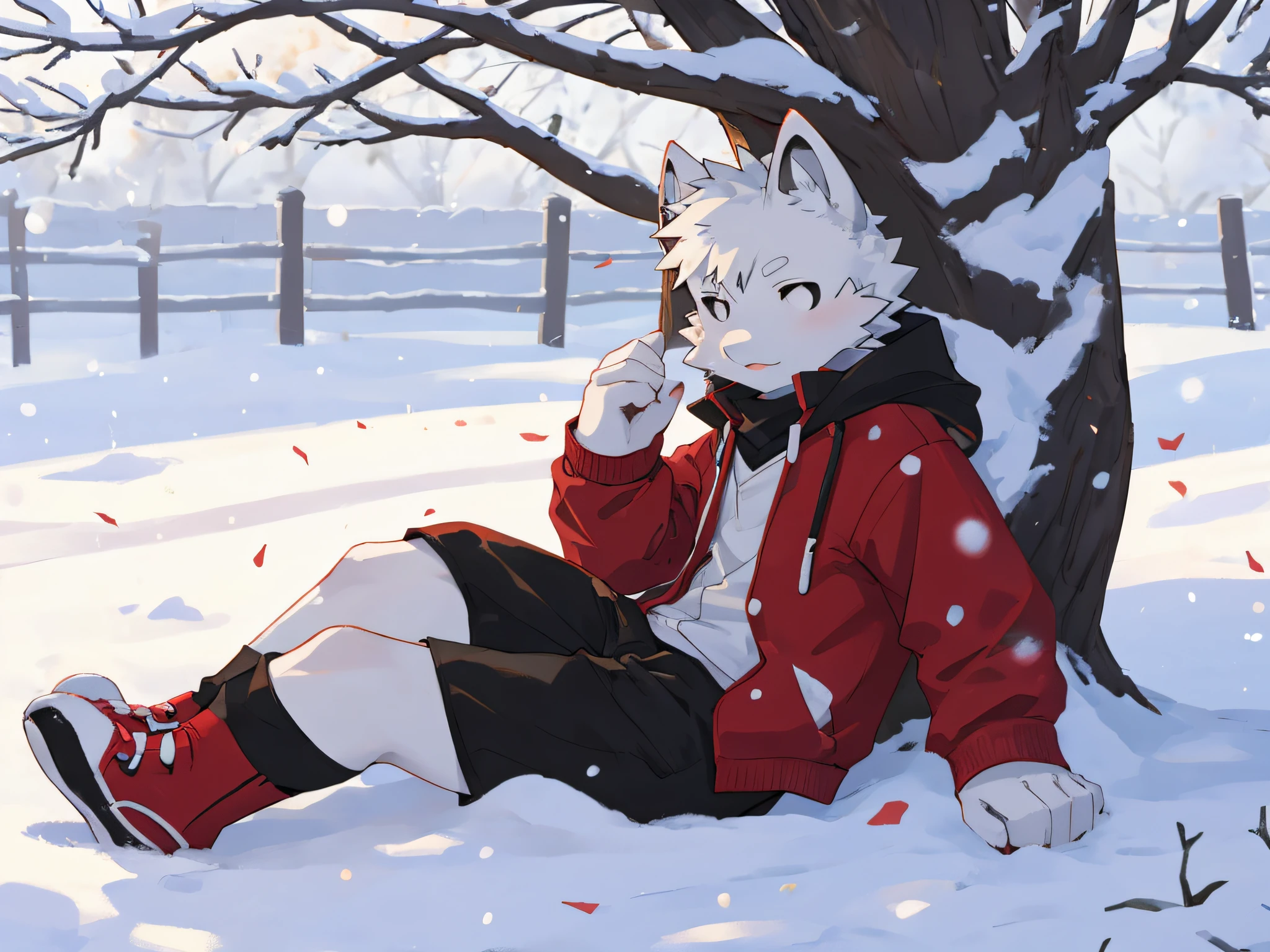 white fur wolf,bara,masculine,Black eyes,Wear a black sweater,black shorts,Try on red fashion shoes.,Shota,Sitting under a tree playing in the snow