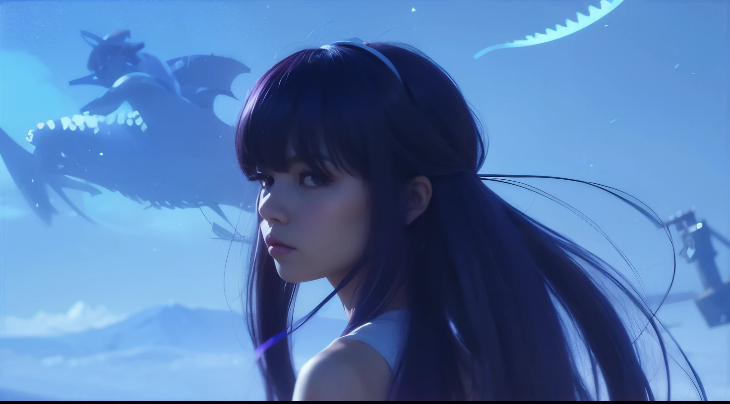Girl, purple long hair, purple eyes, white one-piece dress