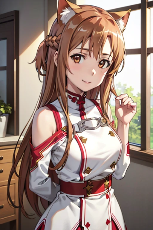 Best Quality, masutepiece, Portrait, 1girl in, Yuuki Asuna, Brown hair, Brown eyes, medium breasts, Long hair, braid, Kotovo, White Gloves, White uniform, White boots, Red skirt, Red strap, Looking at Viewer, Indoors, Smile,cat ear
