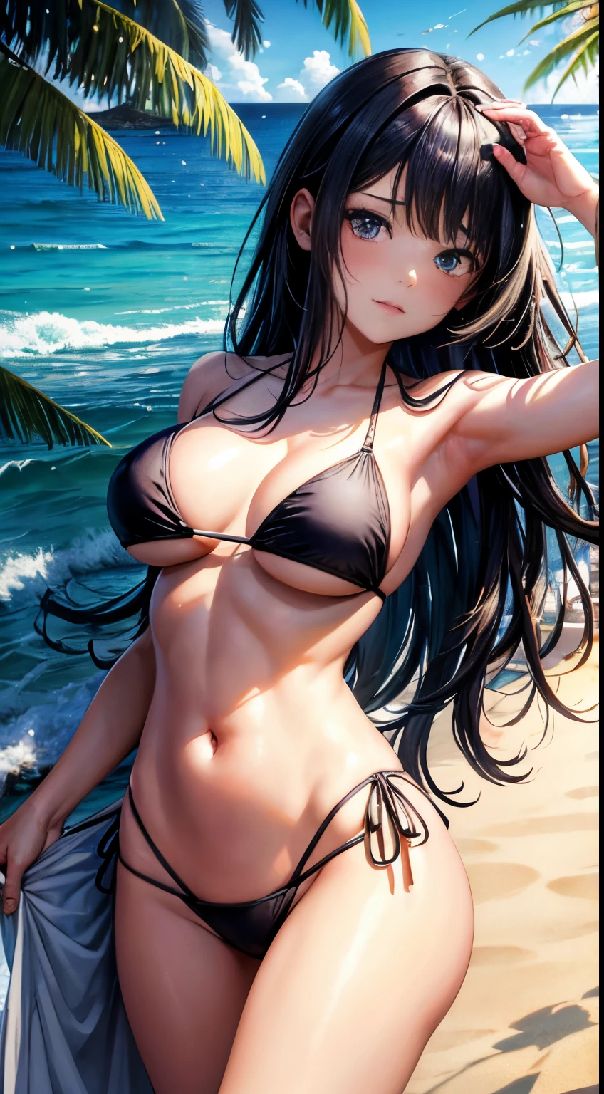 estilo anime, best possible quality, praia, dia ensolarado (piece of master) random beauty ethnic woman, random hair, sentado na areia contra o sol, the shadow of a palm leaf is cast on your back to give the impression of your spine, adding to the scene a coconut on the side, wears a bikini, Suado