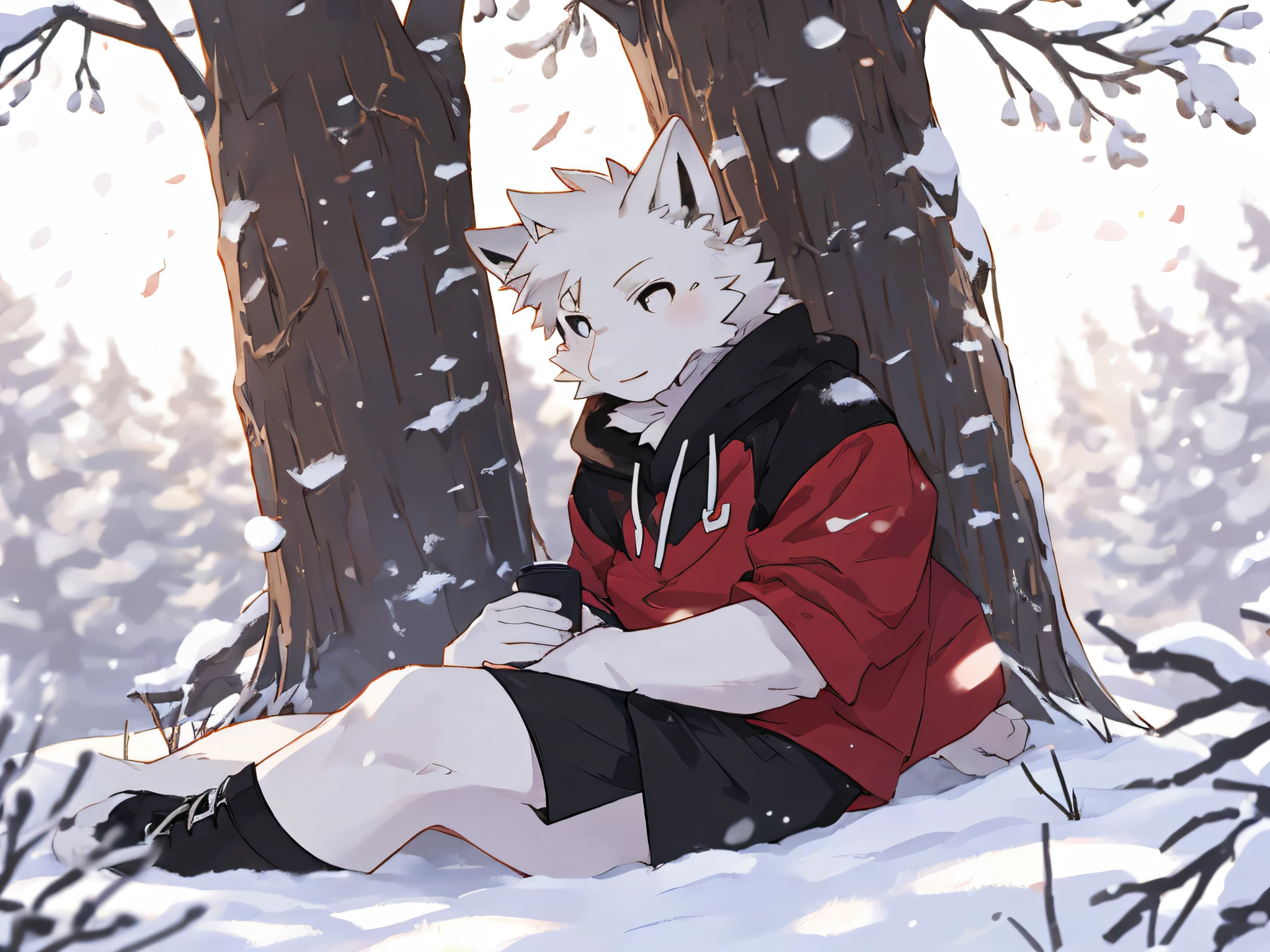 white fur wolf,bara,masculine,Black eyes,Wear a black sweater,black shorts,Try on red fashion shoes.,Shota,Sitting under a tree playing in the snow