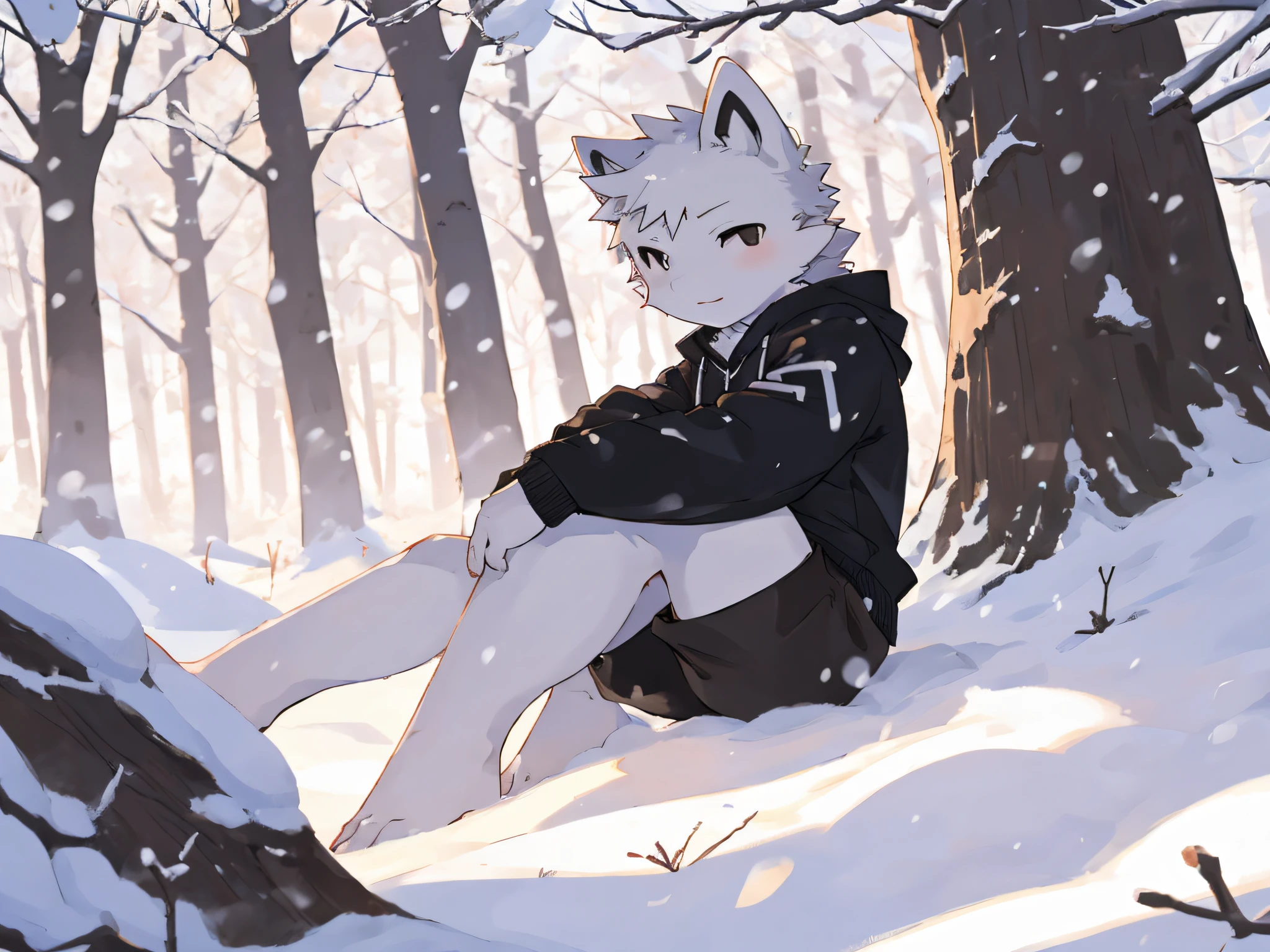 white fur wolf,bara,masculine,Black eyes,Wear a black sweater,black shorts,Try on red fashion shoes.,Shota,Sitting under a tree playing in the snow