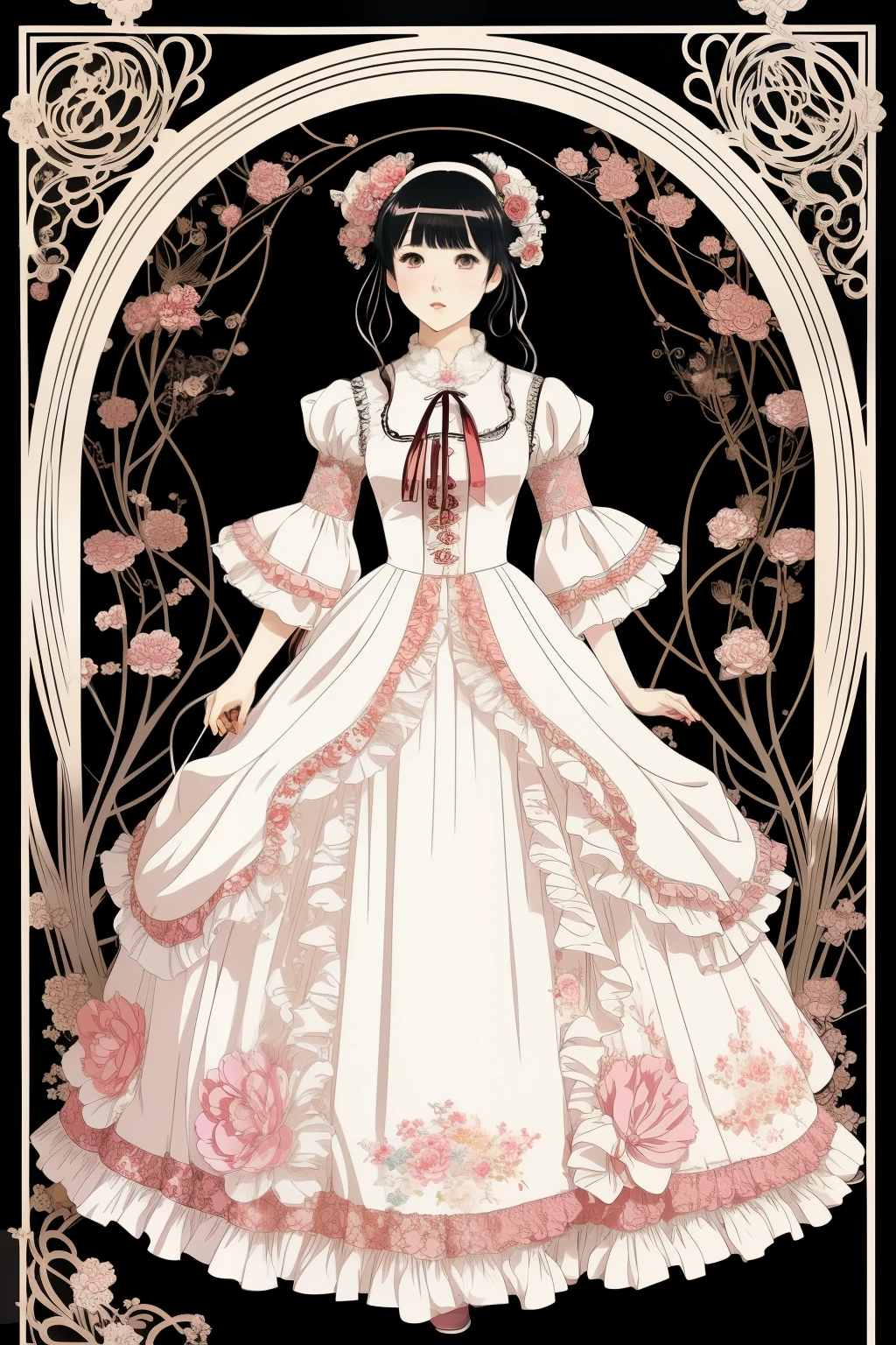 Anime girl in dress. Dynamic posture, print on the dress , Ruffles , frills, , ornate outfit,drawing of a girl in a dress with a fan, extremely fine ink lineart, Beautiful line art, line art!!, perfect lineart, Line Art Illustration,artbook artwork, anime art nouveau,  in dress, in a whimsical exquisite dress, official artwork, careful drawing with fine ink, korean art nouveau anime, cute anime waifu in a nice dress, Anime cover, loliashion, aristocratic appearance, ,Lolita s, Dynamic posture, bright tones