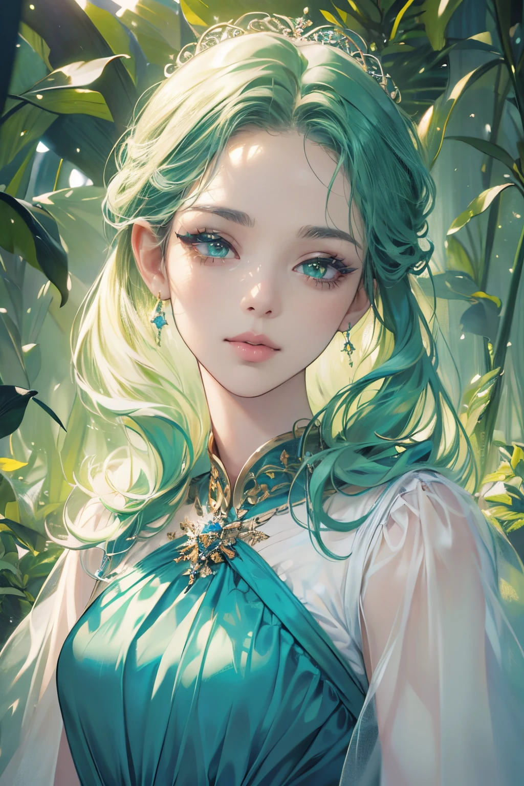 (highres:1.4), (masterpiece:1.4), ultra-high resolution, 8K, CG, (exquisite:1.2), upper body, 1 girl, alone, Thumbelina, little princess, blue taffeta court dress, forest background, detailed facial features, almond eyes, intricate eye makeup, long eyelashes, green eyes and starry gaze, detailed lip details, soft and harmonious style