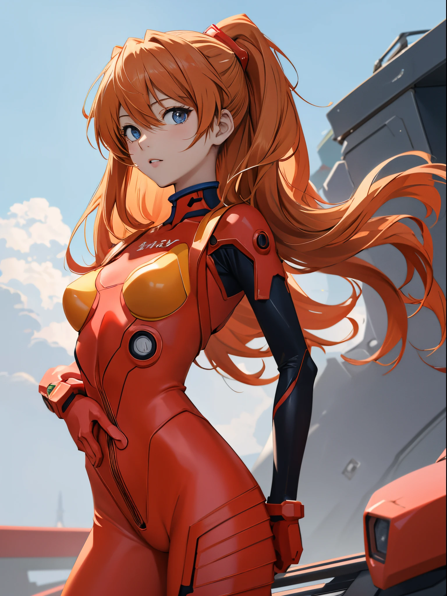 Souryu Asuka Langley, (masutepiece, Best Quality, Detailed), 1girl in, Solo, 双臂在头后, Cowboy Shot, Interface headset, Red bodysuit, Simple background.