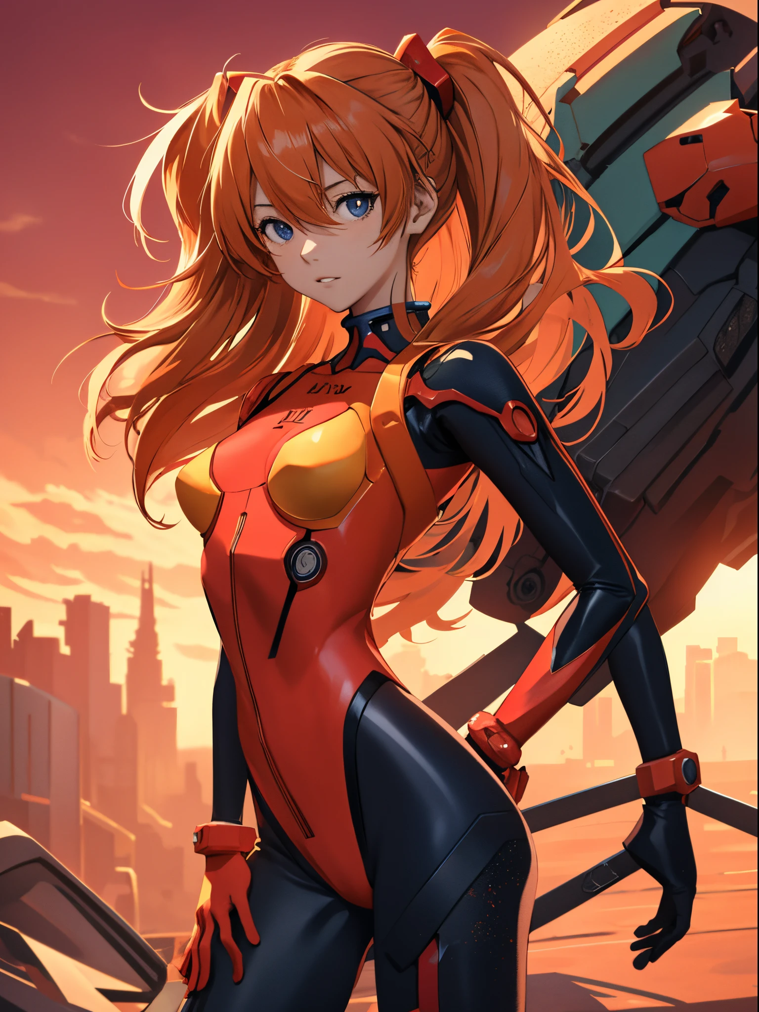 Souryu Asuka Langley, (masutepiece, Best Quality, Detailed), 1girl in, Solo, 双臂在头后, Cowboy Shot, Interface headset, Red bodysuit, Simple background.