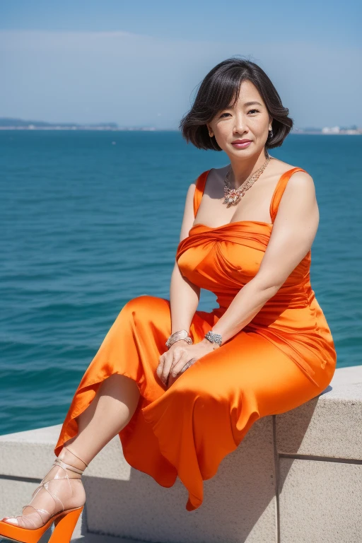 (((1 Japanese 48 year old mature woman))), ((Sagging under the eyes)),(((nasolabial folds))),独奏,masutepiece, Best Quality, Photorealsitic, super detailed skin, Sharpen, Perfect Anatomy,((Sea view hill)),Anatomy,独奏,Longhaire,((old body)), (((Sagging udder))) (thick waist),(flabby body)(,Plump body),bunk butt,Serious look,Mature AV Actress, glamor, A sexy,(((Fair skin with many wrinkles))),small diamond necklace,(((Orange Satin Dress))),long skirt,(Red high heels),Staring at this,