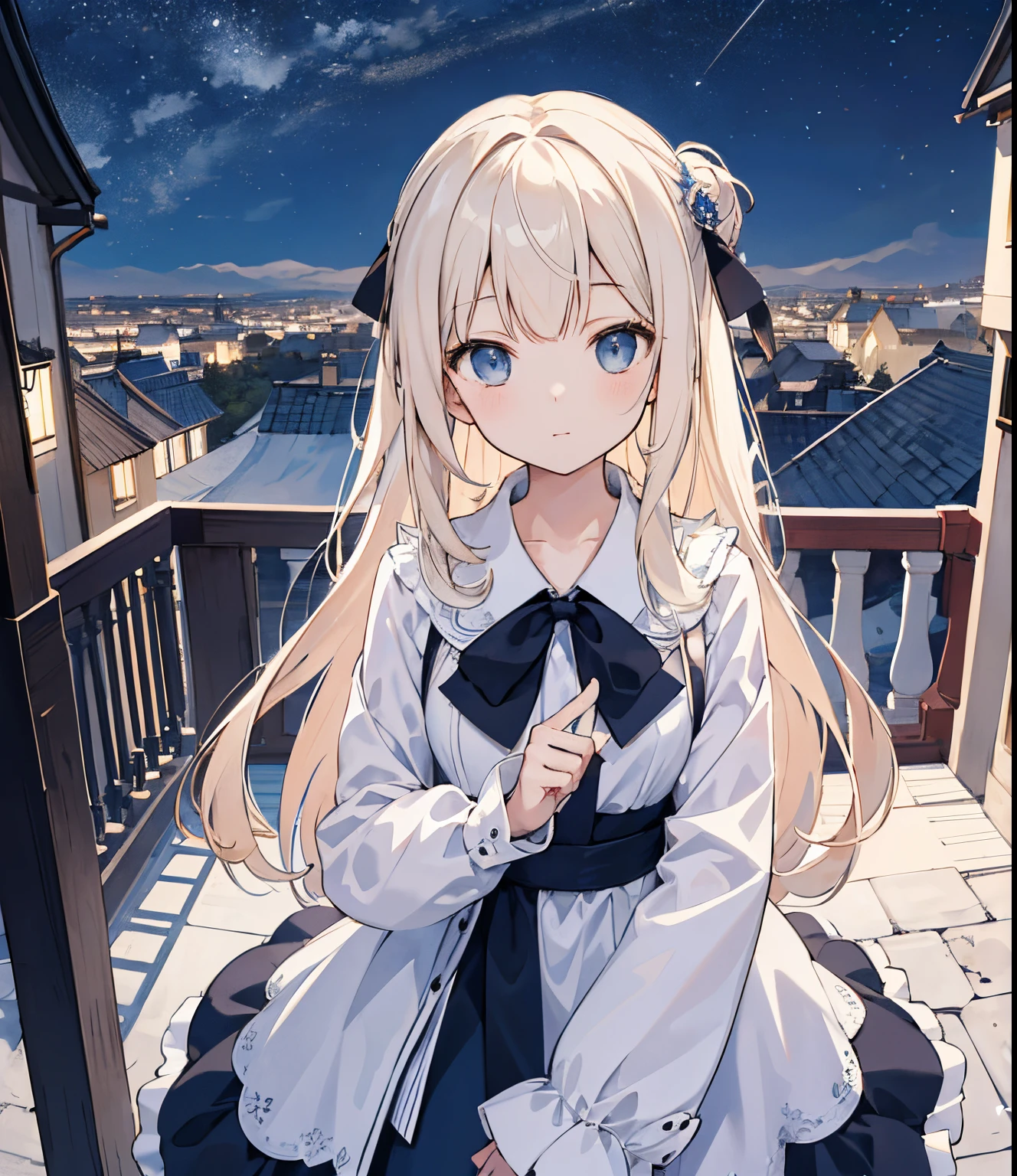 (Masterpiece),(Best Quality), official arts, (1girl, 独奏:1.0),perspective,
Walking,looking a viewer,soft smile,
straight-on,looking a viewer,upper-body, From directly above,symmetry,
exteriors,night sky,(night time),Depth of field, horizon,on roof,