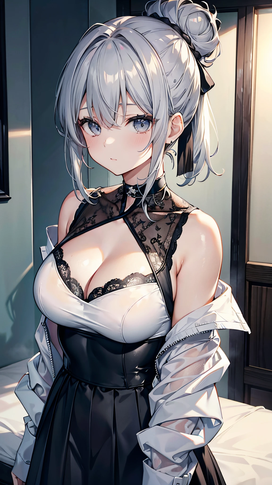 best qualtiy， 超高分辨率， （realisticlying：1.4）， 1girll， Off-shoulder white shirt， Black tight skirt， a black choker， （Faded gray gray messy bun：1）， faded ash-gray hair， （big cleavage breasts：1.2）， looking at viewert， closeup cleavage，
  ,see-through transparent...