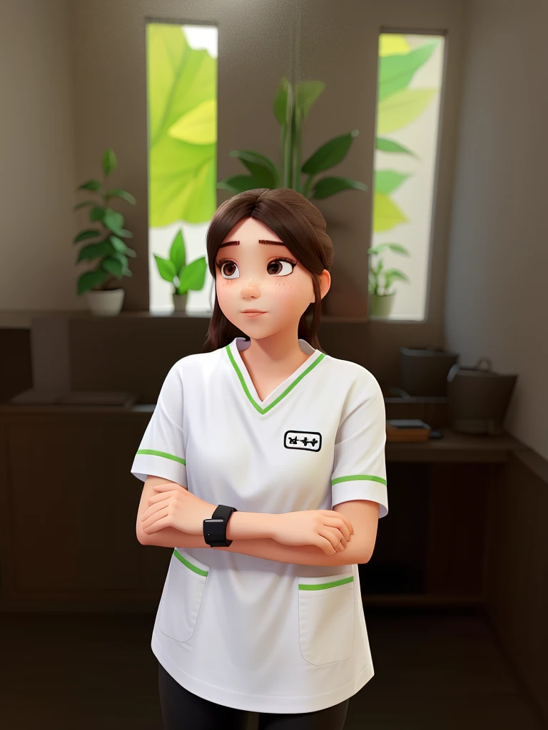 Girl wear a white v shape t shirt and long black plants