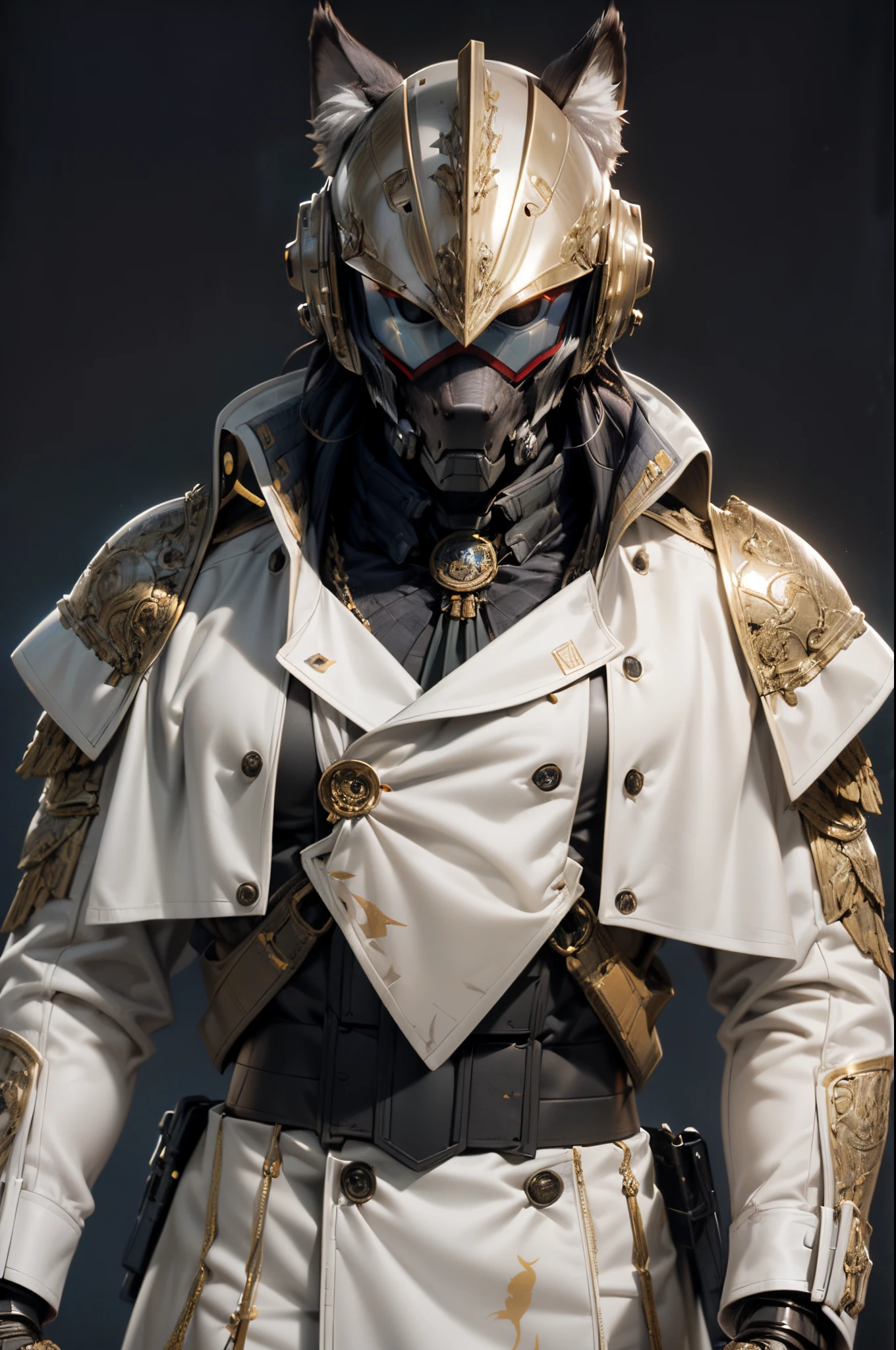 (((An epic and visually stunning digital anime masterpiece featuring a sylphlike masculine ((male:1.5)) decorated military wolf soldier clad in a sleek yet tactical armored yet decorated leather military trench coat:1.2))), (((flat masculine male chest:1.5, mechanical mecha wolf knight head with a narrow visor:1.5))), (((the character is adorned in a (scifi tactical armored open front trench coat with a built in exoskeleton, hood pulled up) (over a form fitted armor plated yet super sleek and revealing under suit with waist cut outs), the armor plating on the upper arms and shoulders beautifully engraved))):1.4. The image showcases the intricacies of the character’s armor and clothing:1.5, ((capturing their flamboyant essence and heavy mecha aesthetic:1.2)). The character also possesses an androgynous charm, (((with slim yet heavily muscled physique:1.2, sylphlike with a sleek waist, toned yet beautifully sleek cybernetic arms:1.3, mechanical arms and legs:1.3, mecha muscles:1.3))), looking at viewer, (((brass metal armor and brown leather, dieselpunk:1.3)))