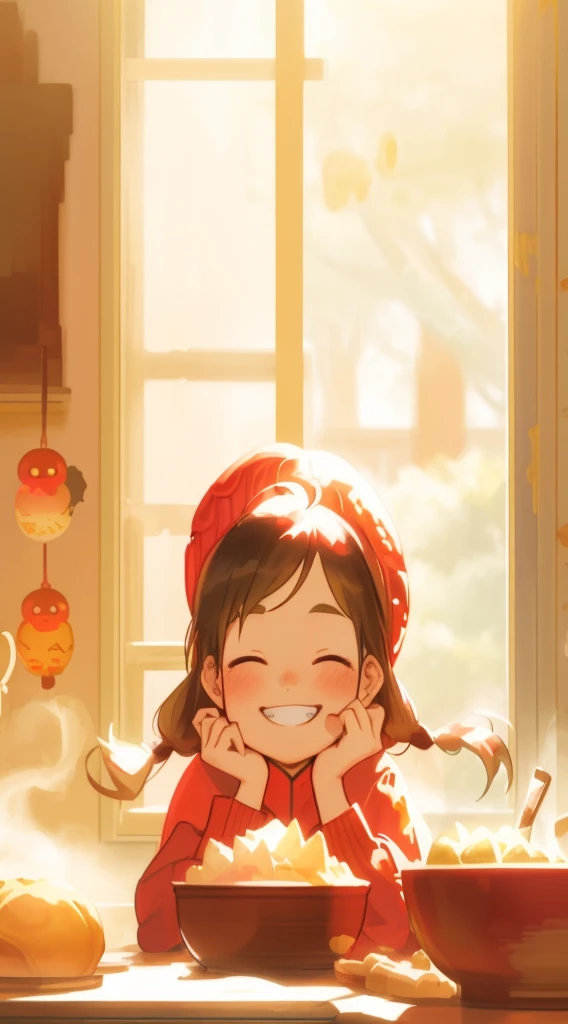 Anime girl wearing red hat sitting at the table,Holding a bowl of food in his hand, dumpling, Cute big breasts, Anime visuals of a cute girl, Artie Guerlain, lovely digital painting, Artgerm and Atey Ghailan, inspired by Atey Ghailan, 🍂 Cute big breasts, Artie Guéland 8K, adorable digital art, Warm smile, lovely art style