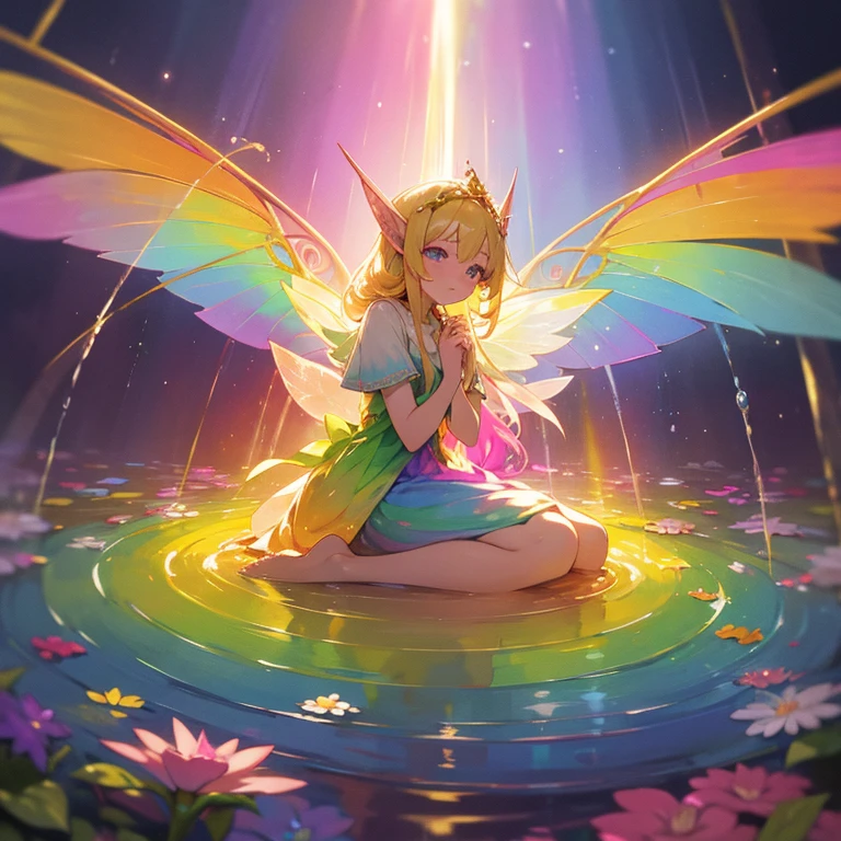 Fairy Girl,Irridescent color,Elven ears,rainbow dress made of light,Aurora,Eyes with a rainbow in them,light blonde hair,Golden crown,Rainbow Fairy Wings,Rainbow Hair Color,PastelColors,rainbow,a colorful,Gentle,The warm,Fantasia,faerie,Dreamy,cute little,Golden Light;I'm in a magical forest,rainbow fountain,rainbow colored water flow,Rainbow flower garden,Best Quality,high-level image quality