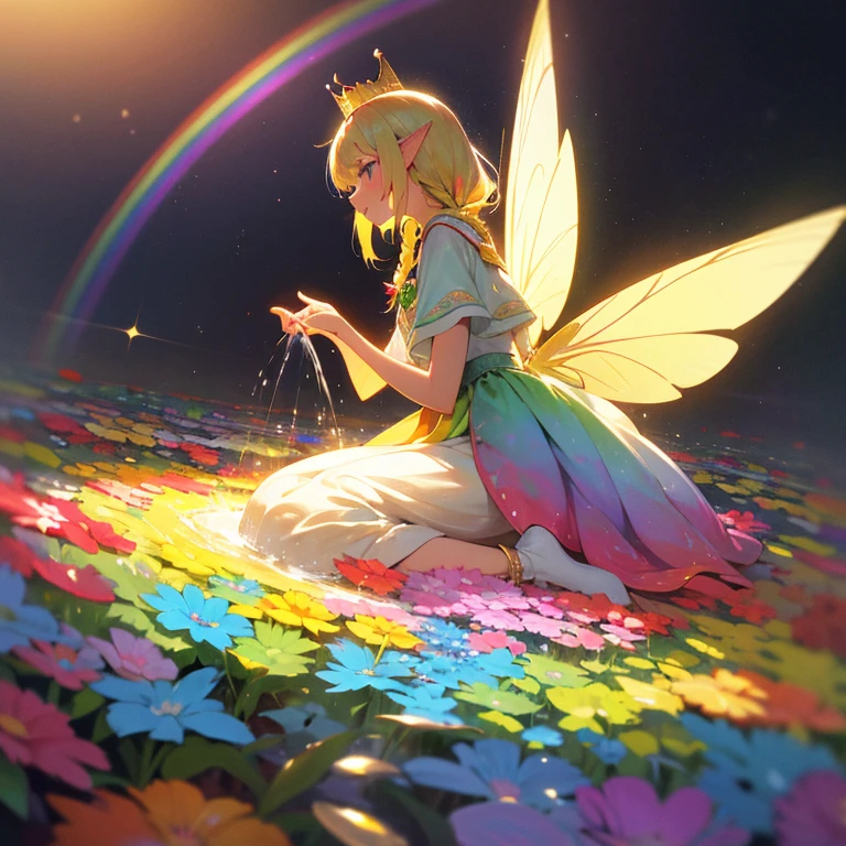 Fairy Girl,Irridescent color,Elven ears,rainbow dress made of light,Aurora,Eyes with a rainbow in them,light blonde hair,Golden crown,Rainbow Fairy Wings,Rainbow Hair Color,PastelColors,rainbow,a colorful,Gentle,The warm,Fantasia,faerie,Dreamy,cute little,Golden Light;I&#39;m in a magical forest,rainbow fountain,rainbow colored water flow,Rainbow flower garden,Best Quality,high-level image quality