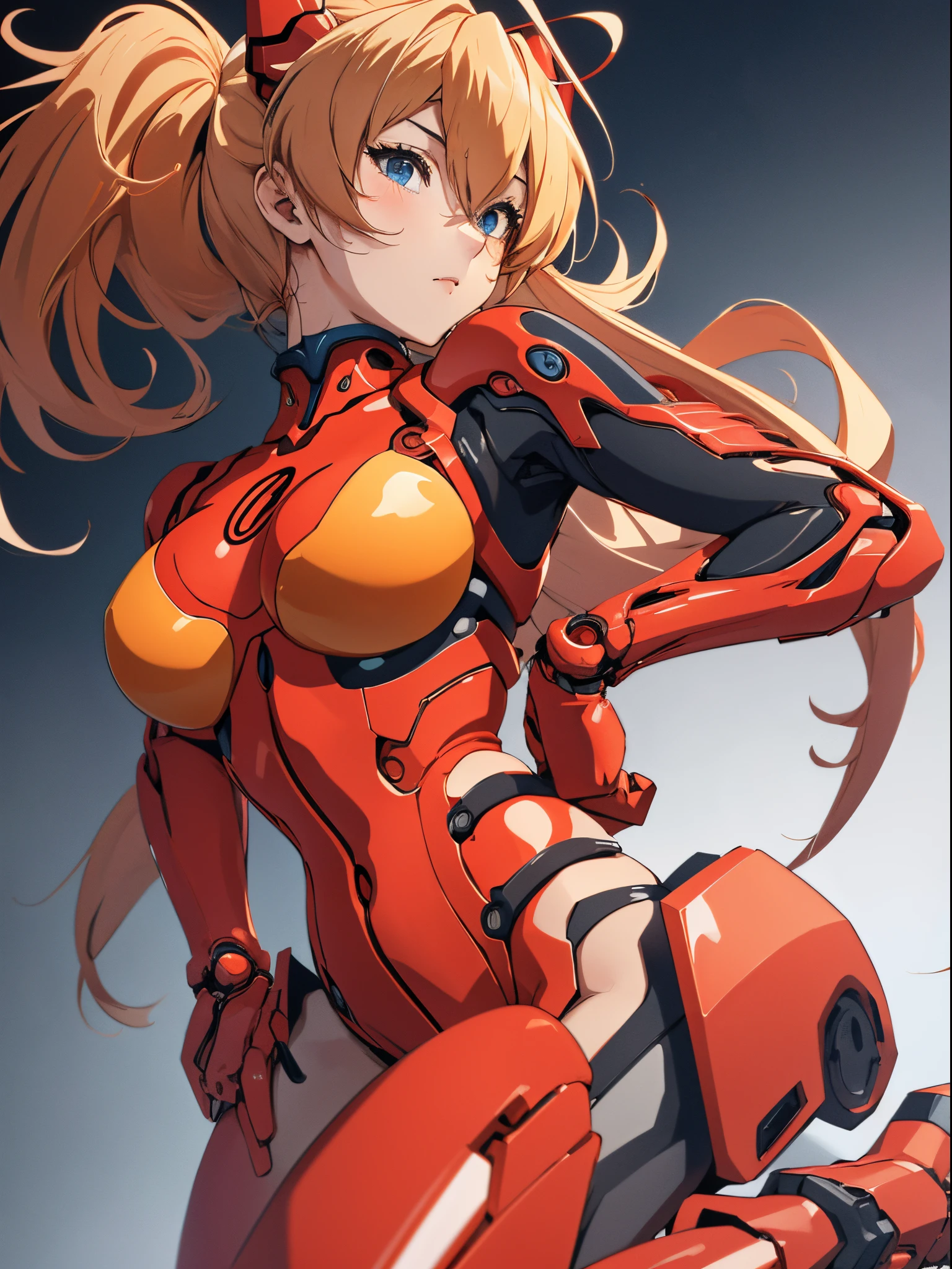(biomechanical oppai, , Seductive girl,)、Souryu Asuka Langley, (masutepiece, Best Quality, Detailed), 1girl in, Solo, 双臂在头后, Cowboy Shot, Interface headset, Red bodysuit, Simple background、Woman in seductive pose、