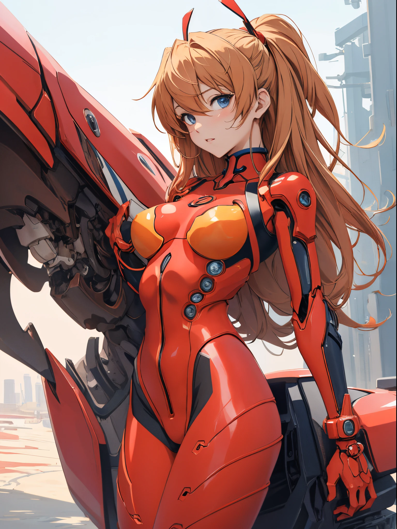 (biomechanical oppai, , Seductive girl,)、Souryu Asuka Langley, (masutepiece, Best Quality, Detailed), 1girl in, Solo, 双臂在头后, Cowboy Shot, Interface headset, Red bodysuit, Simple background、Woman in seductive pose、